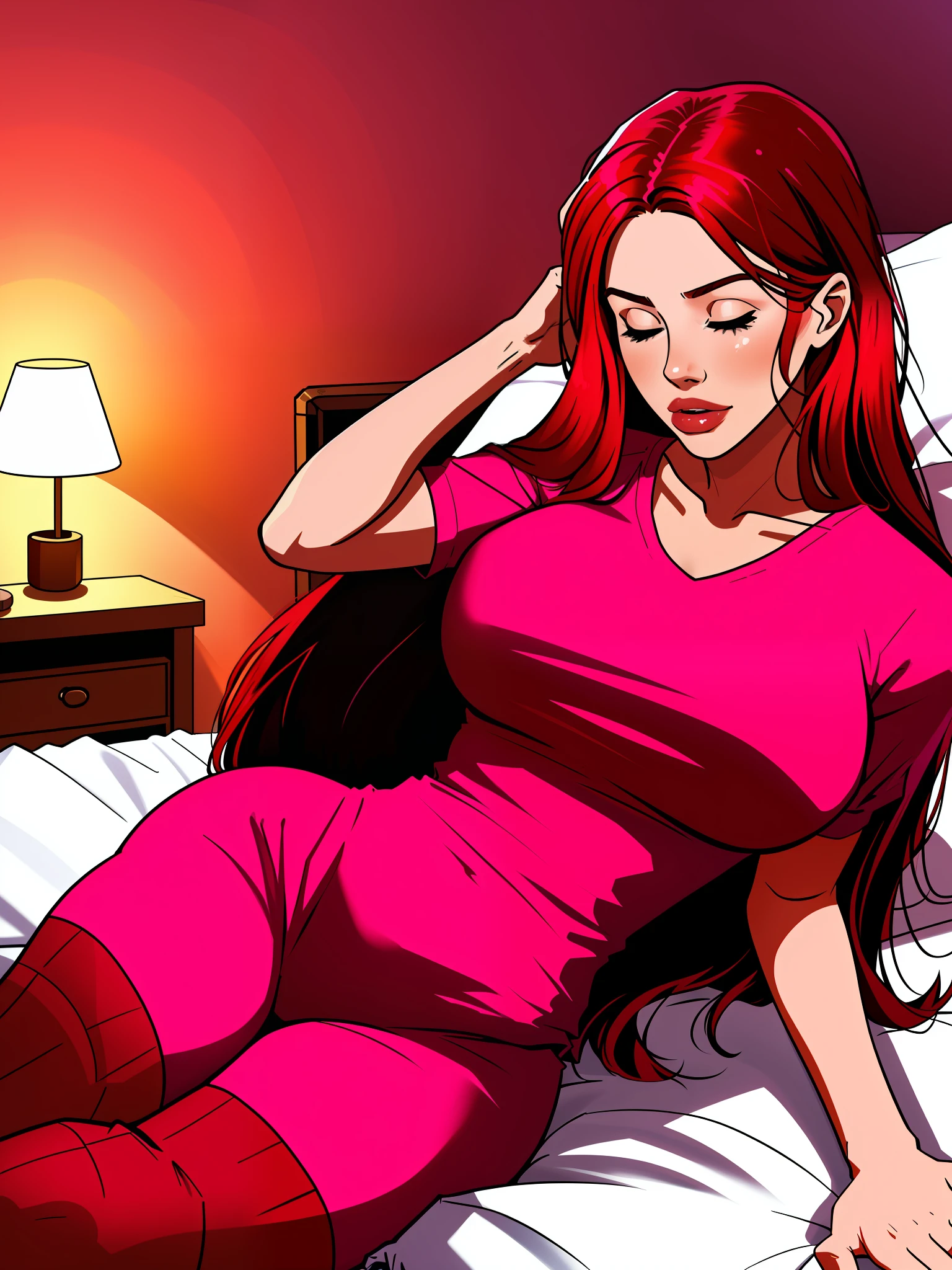 "(((realistic))), ((((woman)))), straight from real life, with (hair_red) red hair, sleeping on a bed wearing (pijama_pink) pink pajamas and long pants."