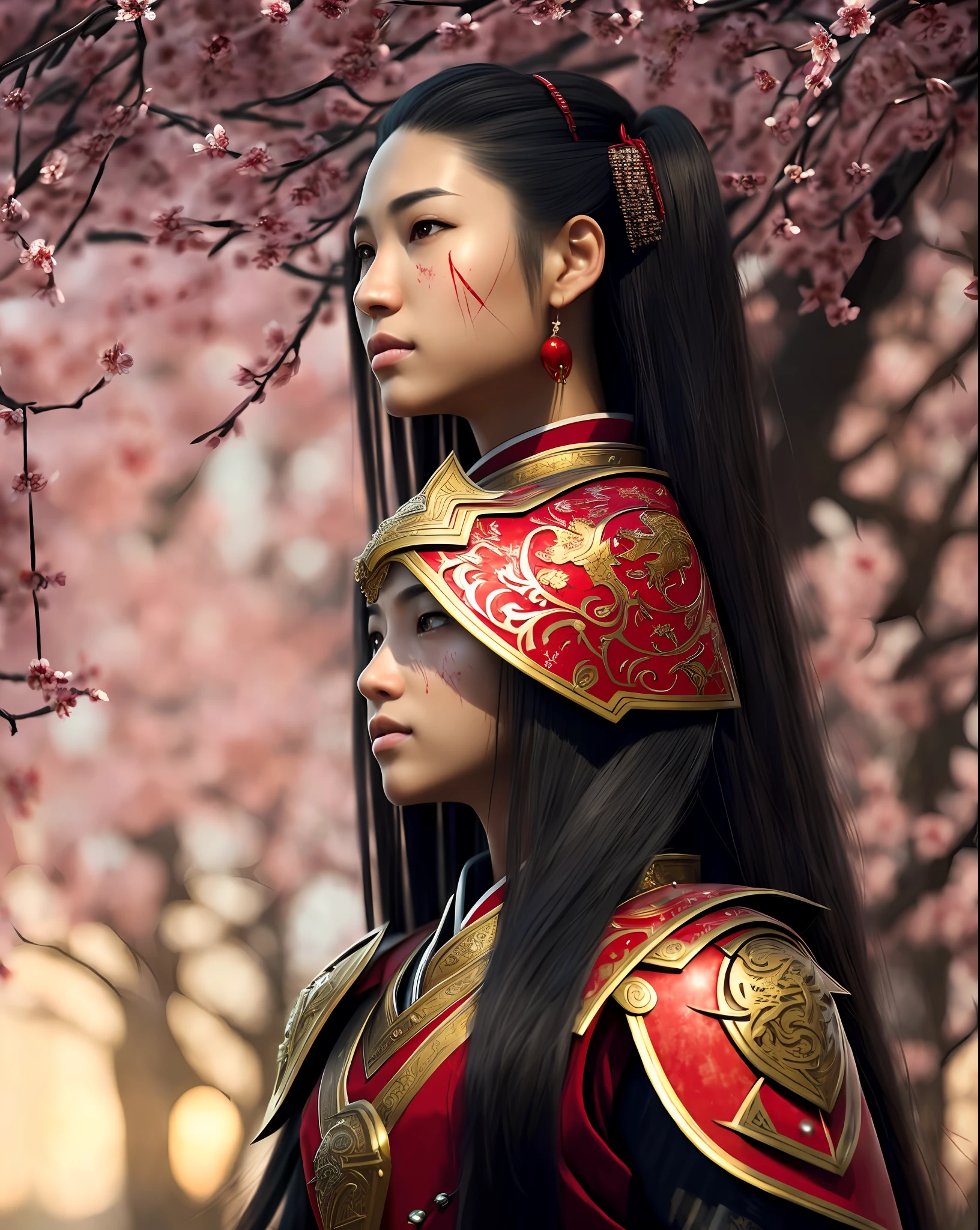 ((8k portrait of beautiful mixed asian female, side profile, masterpice, sidelighting)), long hair, detailed light samurai armor, ((blood red armor, black inner)), cinematic lighting, cherry blossoms, ash, melancholic, award winning photography, Popular on Deviant Art, Best of ArtStation, by WLOP, outdoor, oriental lighting
