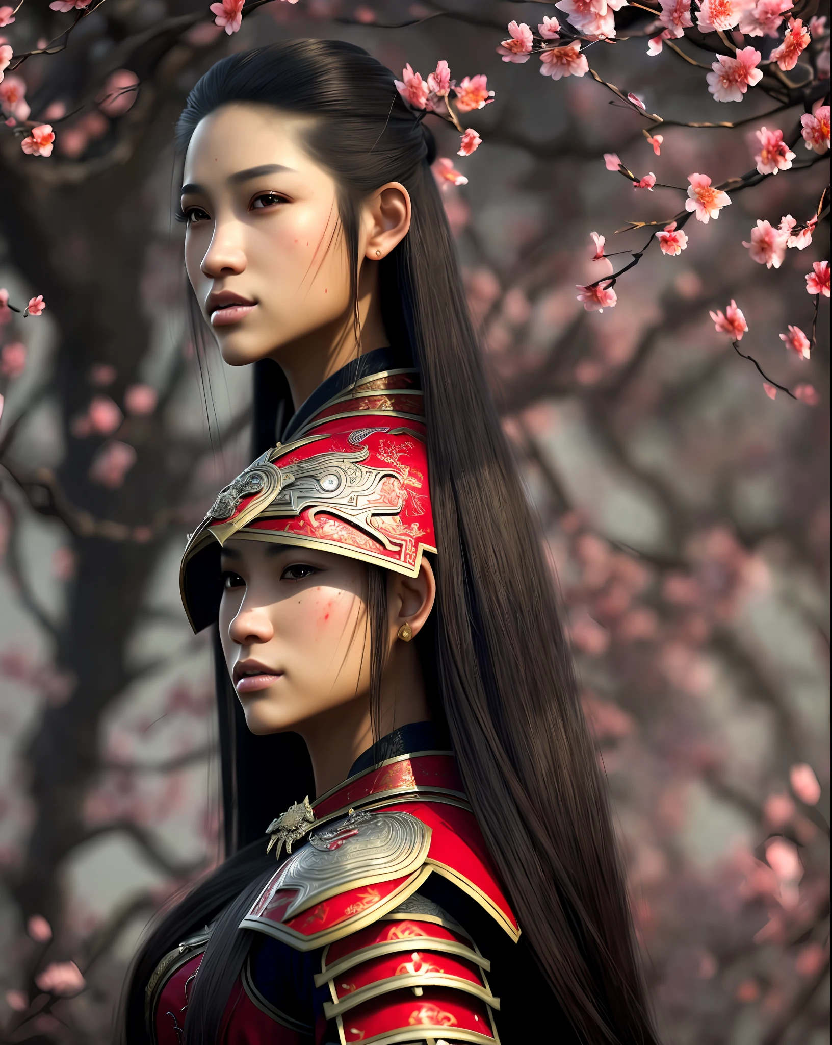 ((8k portrait of beautiful mixed asian female, side profile, masterpice, sidelighting)), long hair, detailed light samurai armor, ((blood red armor, black inner)), cinematic lighting, cherry blossoms, ash, melancholic, award winning photography, Popular on Deviant Art, Best of ArtStation, by WLOP, outdoor, oriental lighting