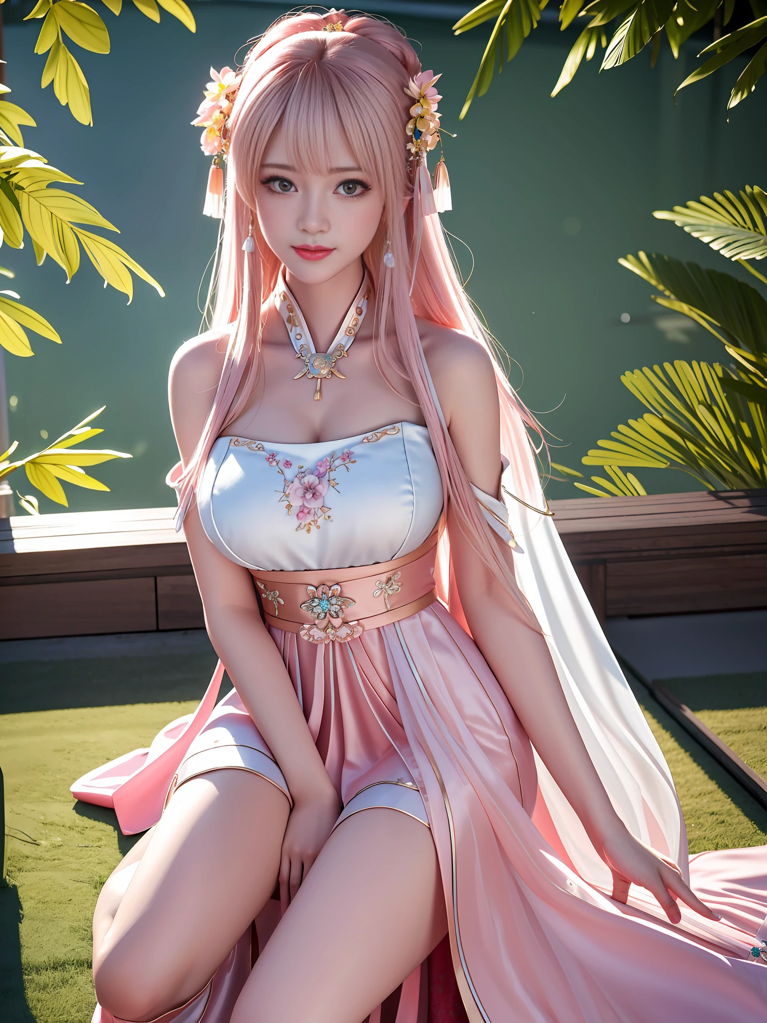 Excellent, Masterpiece, Best Quality, High Resolution, Very Realistic, Photography, Wallpaper, 1girl, Solo, Sexy, Blush, Bare Shoulders, Fragrant Shoulders, Cleavage, Sitting Cross, Full Body, (Smile: 0.9), Star Pupils, Bright Big Eyes, Chinese Hanfu, Pink Dress, Long Yellow Hair, Bangs, Bun, Hair Accessories, Necklaces, Jewelry, Beauty, Very Realistic, Realism, Light, Shadow Room, High Detail Face, Light Skin, (High Detail Skin: 1.2), 8K UHD, SLR, High Quality, Candid Photo, Photo, high resolution, 8K, the background is very complex and rich