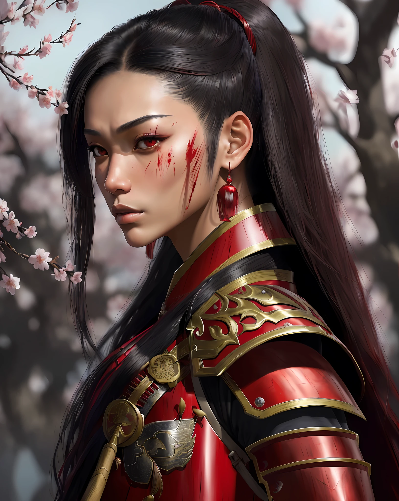((8k portrait of beautiful mixed Asian woman, side profile, masterpice, side lighting)), long hair, detailed light samurai armor, (((blood red armor, black interior)), cinematic lighting, cherry blossoms, ashes, melancholy, award-winning photography, Popular on Deviant Art, Best of ArtStation, by WLOP, outdoor, oriental lighting in fighting position