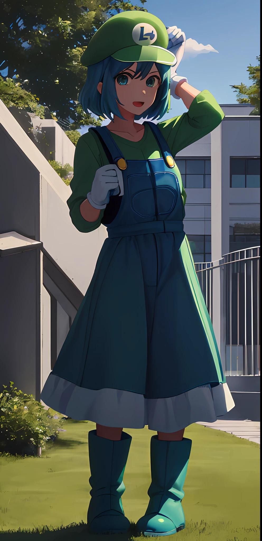 1girl masterpiece, best quality, solo, (super Luigi (cosplay):1.2), Luigi (cosplay):1.2, green cap:1.1, blue overall, green shirt, brown boots, :d, Akane , medium breast, white gloves,, L on green cap, blue hair, blue eyes, super Luigi themed background