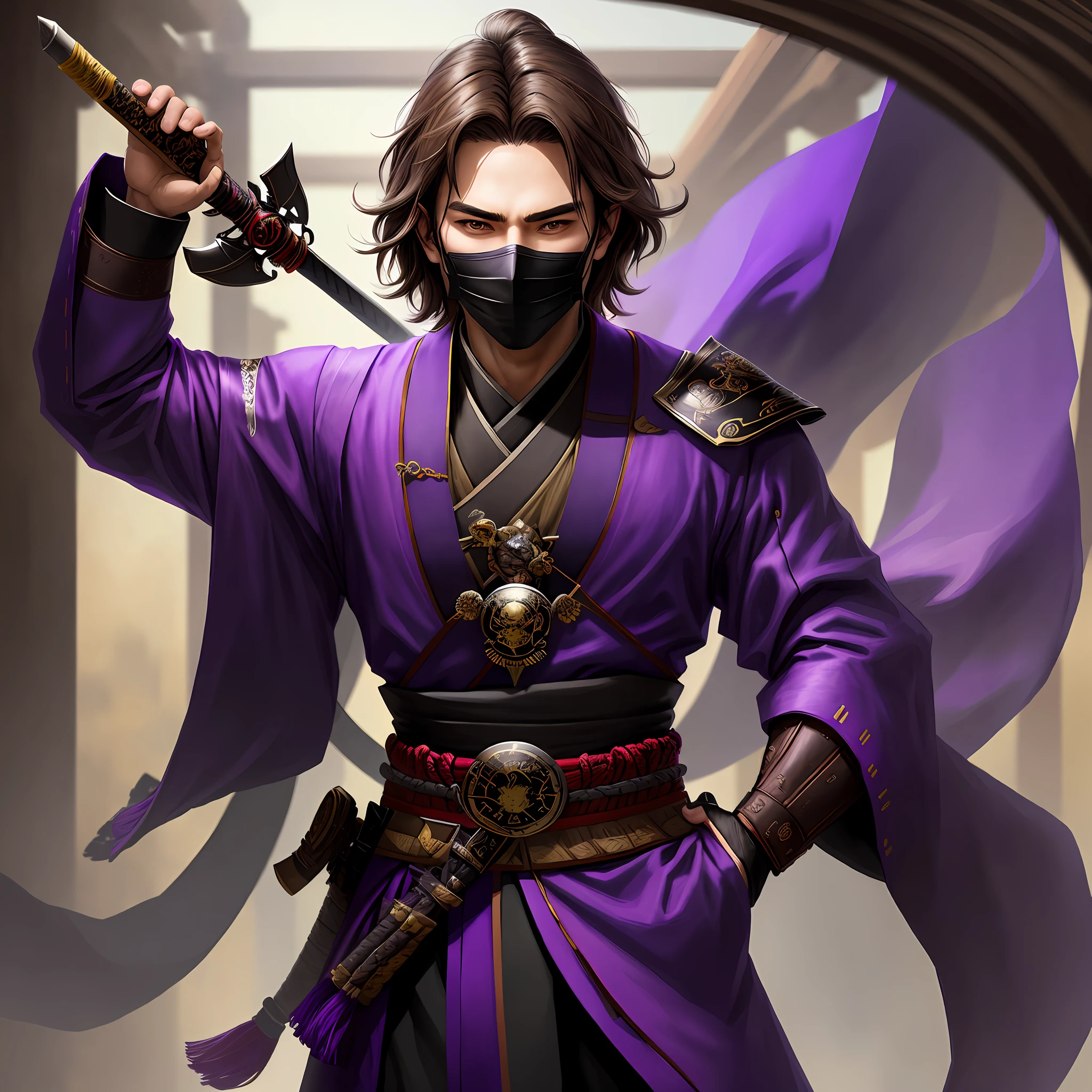 masterpiece, best quality, 1 Male, adult, Straight brown hair, Samurai, Symbolism, Art, Beautiful, Gorgeous, Trickster, Purple Clothing with Black, Black Mask with Purple
