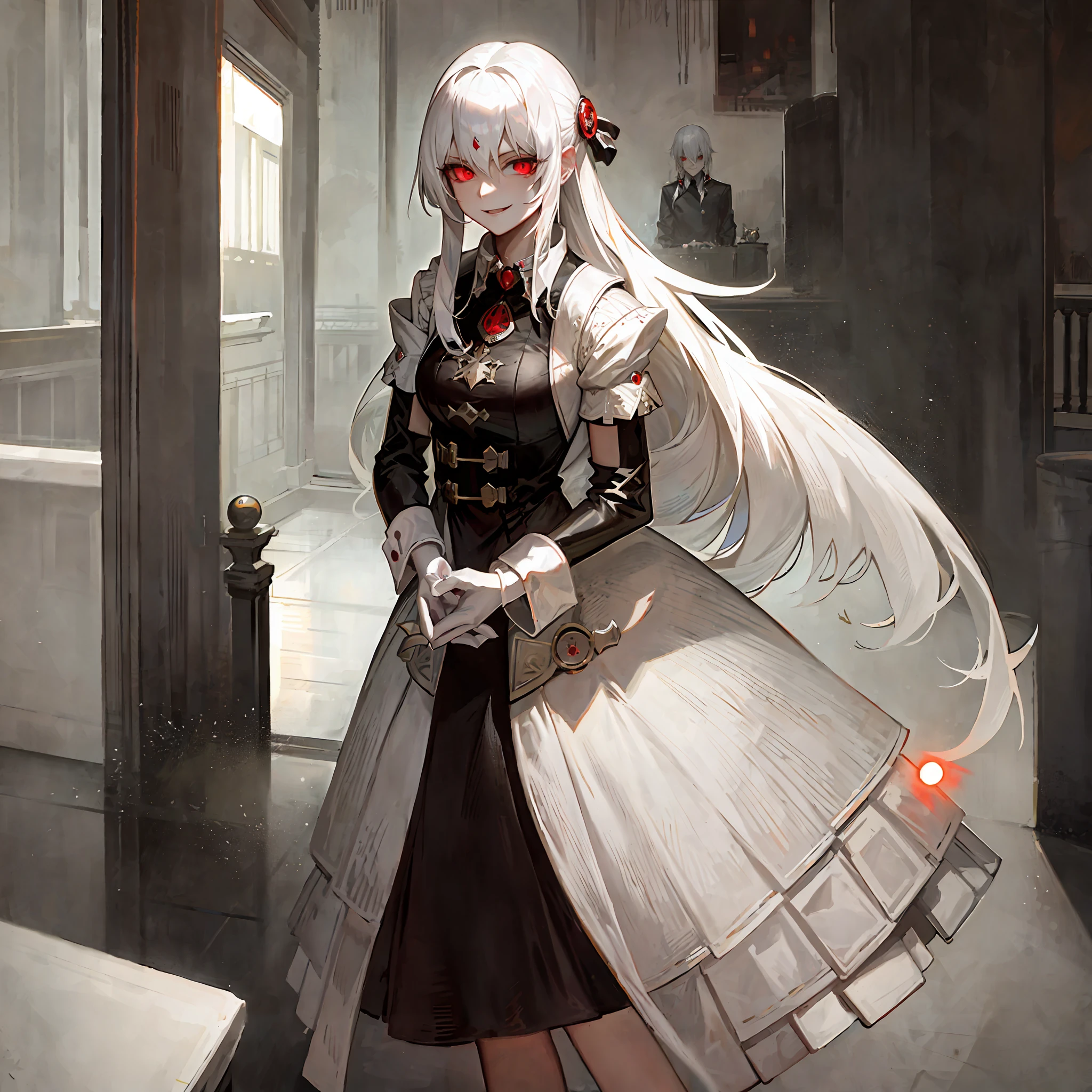 1female, psycho smile, long glowing white hair, red eyes, wearing black mafia suit, mafia, anime, alone at room