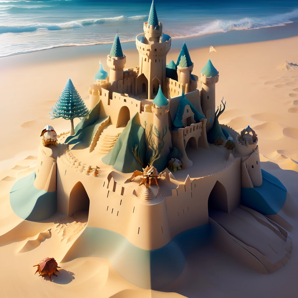 sand castle, hermit crab, anthill, moat, detailed, dream, sea foam