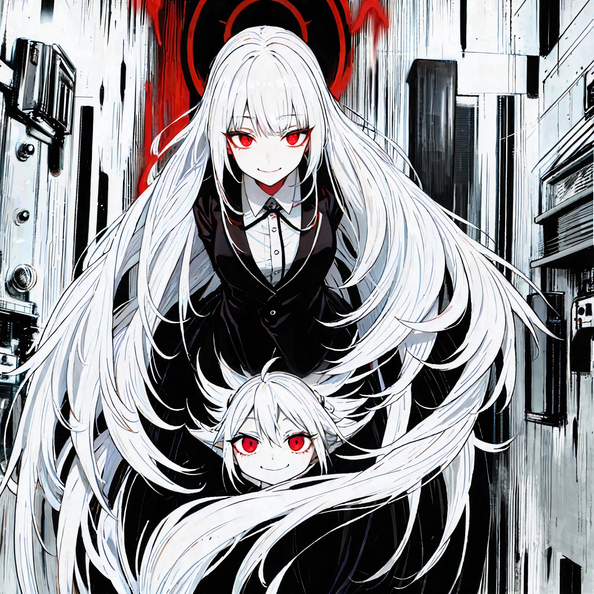 1female, psycho smile, long glowing white hair, red eyes, wearing black mafia suit, mafia, anime, alone at room