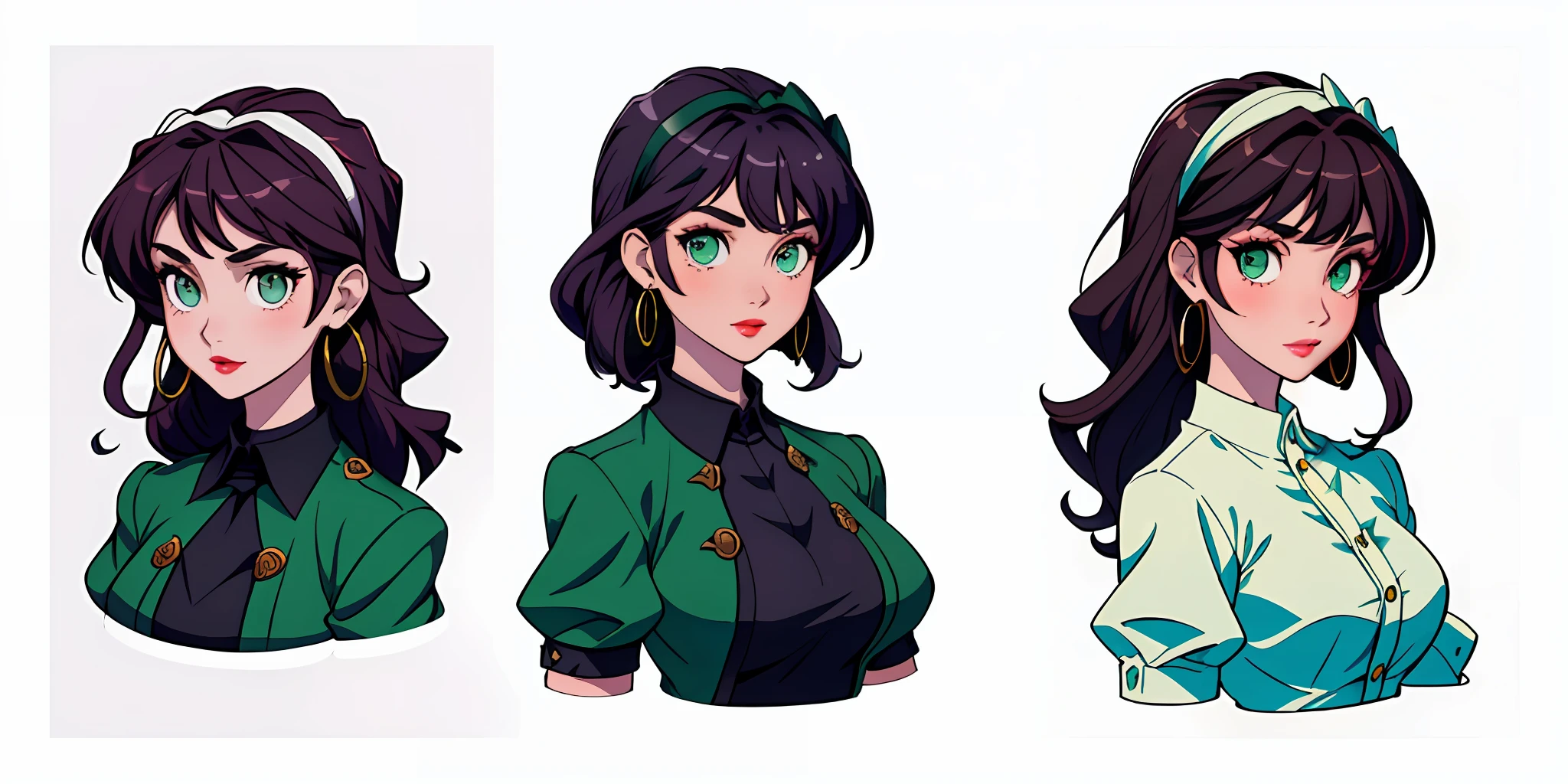Masterpiece: 1.6, best quality: 1.4, live image: 1.2, intricate details: 1.2, charturnerv2: 1.2, 1lady full body character change,
Appearance: milf: 1.25, thin: 1.3, green eyes, medium breasts, tender eyes,
Clothing: black uniform with white blouse and green bow,
Accessories: white headband, simple hoop earrings, hair ornament,
Hair: long dark purple hair, semi curly hair,
Makeup: natural, shiny skin, red lips,
(single background, white background: 1.3), multiple views, multiple views of the same character in the same outfit: 1.3.