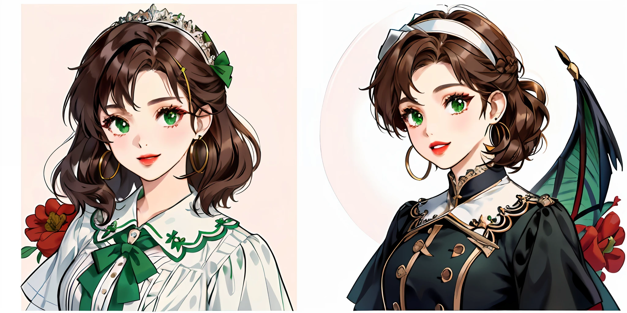 Masterpiece: 1.6, best quality: 1.4, live image: 1.2, intricate details: 1.2, charturnerv2: 1.2, 1lady full body character change,
Appearance: milf: 1.25, thin: 1.3, green eyes, medium breasts, tender eyes,
Clothing: black uniform with white blouse and green bow,
Accessories: white headband, simple hoop earrings, hair ornament,
Hair: long brown hair, semi-curly hair,
Makeup: natural, shiny skin, red lips,
(single background, white background: 1.3), multiple views, multiple views of the same character in the same outfit: 1.3.