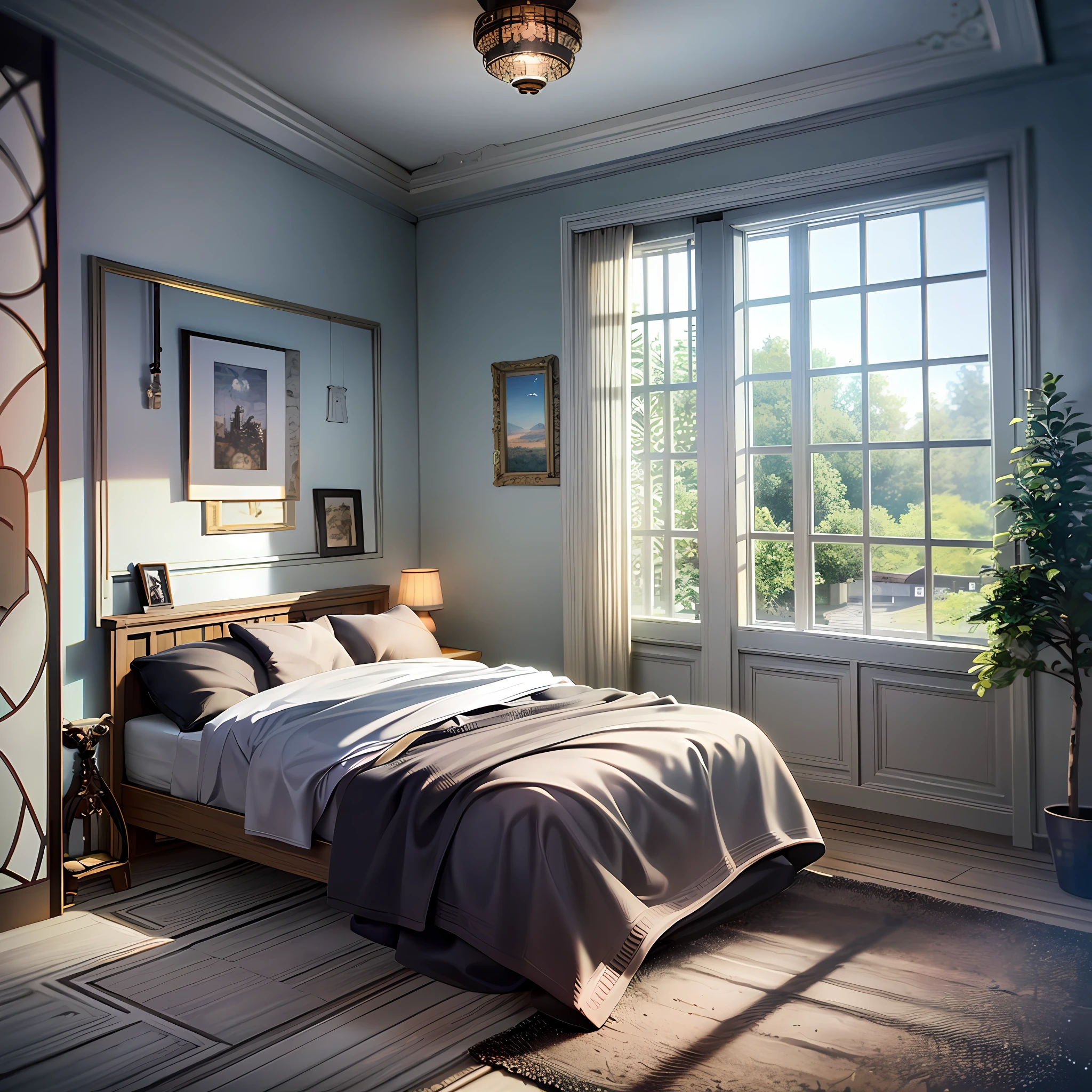 Masterpiece, best quality, high quality, very detailed CG unified 8k wallpaper, bedroom, interior, daytime, no humans, fit, landscape, bokeh, HDR, bloom, chromatic aberration, realism, very detailed, trends on artstation, trends on CGsociety, High detail, art by midjourney, technology, comfory, pixiv, room full of hobbies, one bed, cartoon, warm light