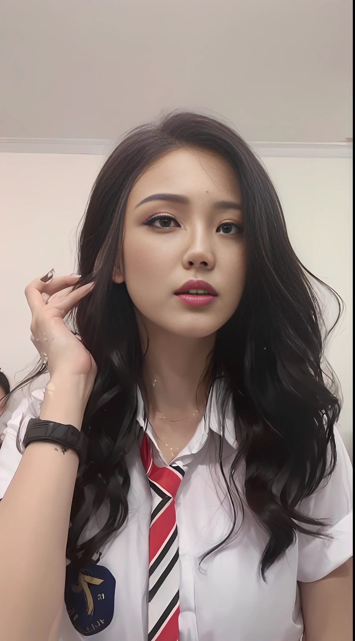 (Best Quality, 8k, 32k, Masterpiece, UHD:1.3), (Photo of Attractive korean Woman), full body view, 1 Girl, (small Boobs:1.2), (short wavy black hair), Abs, Perfect Body, Ultra Detailed Face, Detailed Lips, Fine Eyes, double eyelids, black dress, (lustful gaze), ((aroused:1.5)), ((areolae slip))