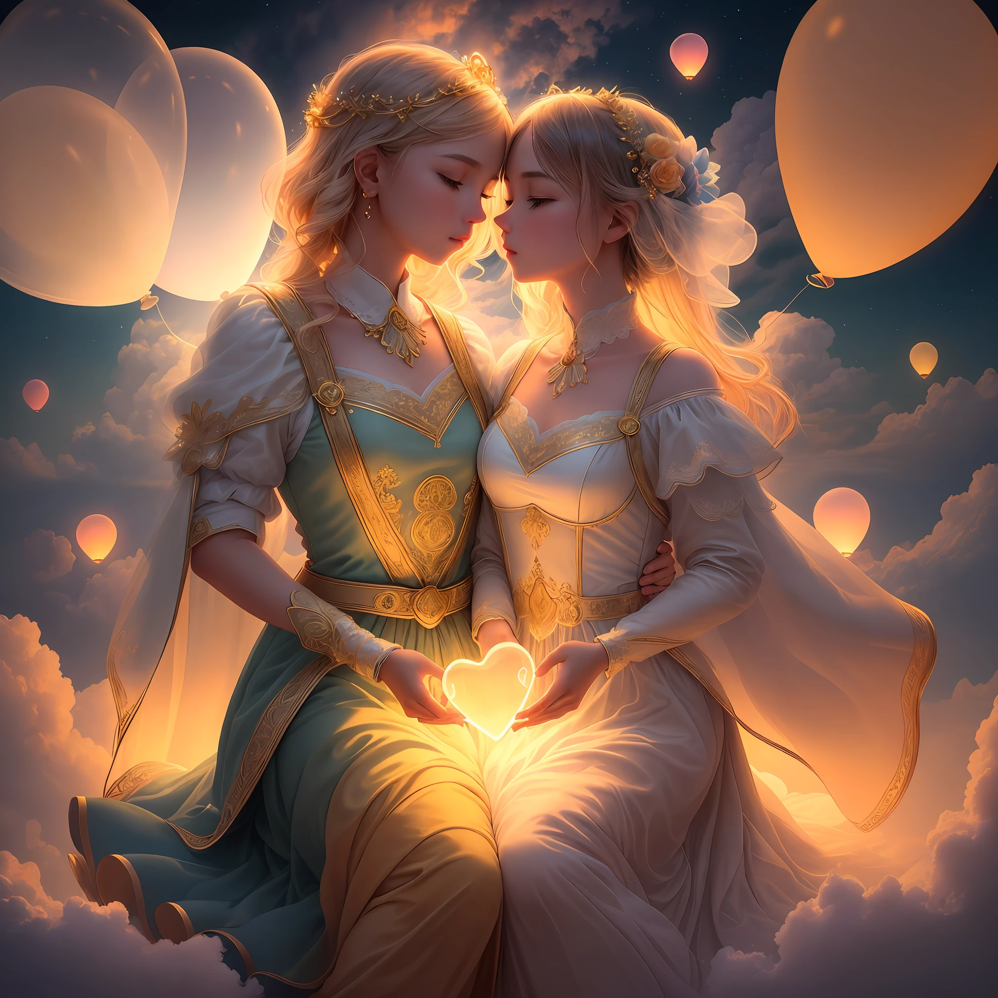 Behold a mesmerizing scene where small heart-shaped bioluminescent balloons float gracefully above the clouds. This captivating image showcases a perfect composition, meticulously arranged to create a visually stunning masterpiece. Every intricate detail of the balloons is depicted with exceptional clarity, highlighting their delicate beauty and radiant glow. The placement of the balloons follows the principles of the golden ratio, adding an extra layer of aesthetic appeal to the overall composition. This artwork transcends reality, evoking a sense of wonder and enchantment. The photograph is flawlessly captured in mesmerizing 4K resolution, allowing viewers to immerse themselves in the magical ambiance of this breathtaking scene