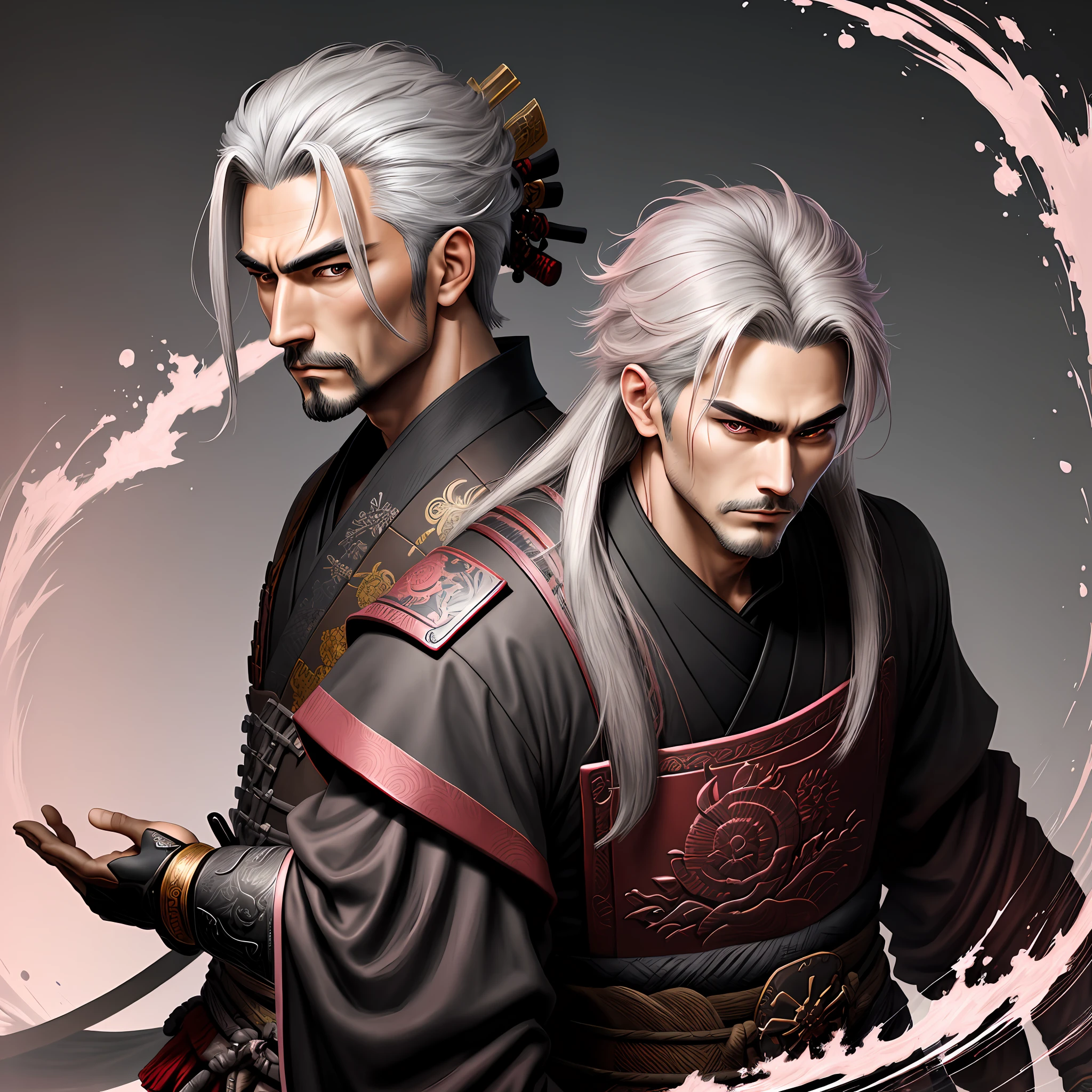 masterpiece, best quality, 1 Male , adult, hair Grey Medium long , Samurai ,Symbolism,Art, Beautiful, Beautiful , Cheerful , Black and brown clothing , Pink Eyes
