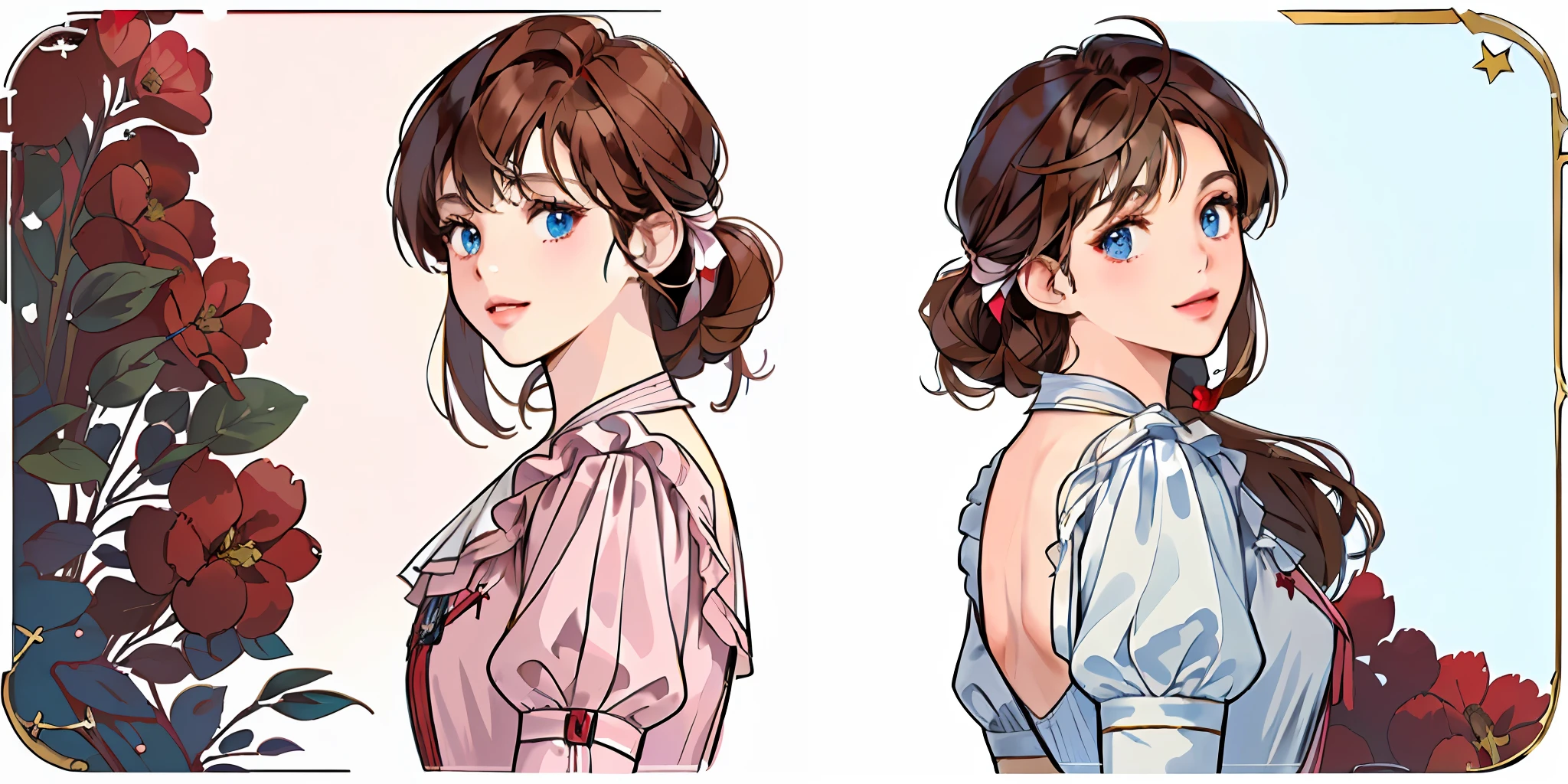 ((masterpiece)),(((best quality))),((character design sheet,same character,front,side,back)),illustration,1 girl,long brown hair,hair with bangs,beautiful blue eyes,surroundings Change of scene, pose also, pastry chef, red and white costumes, pink lips, (simple background, white background: 1.3)