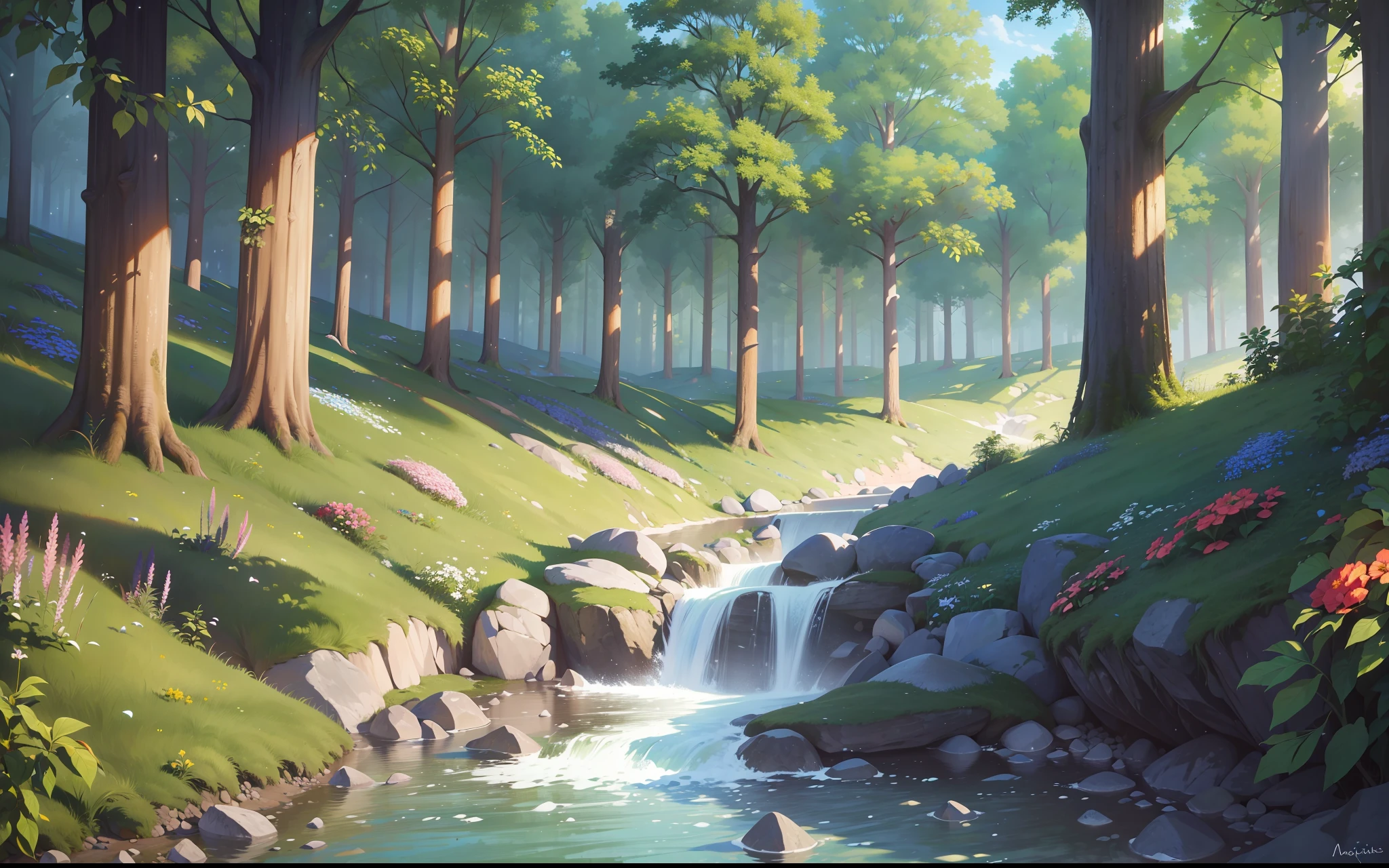 (Masterpiece, Best Quality, High Quality, Highres:1.4), Detailed, Extremely Detailed, Ambient Soft Lighting, 4K,
Outdoors, (Nature, Oak Forest:1.2), (Rocks:1.2), Mountais, Flowers, Plants,