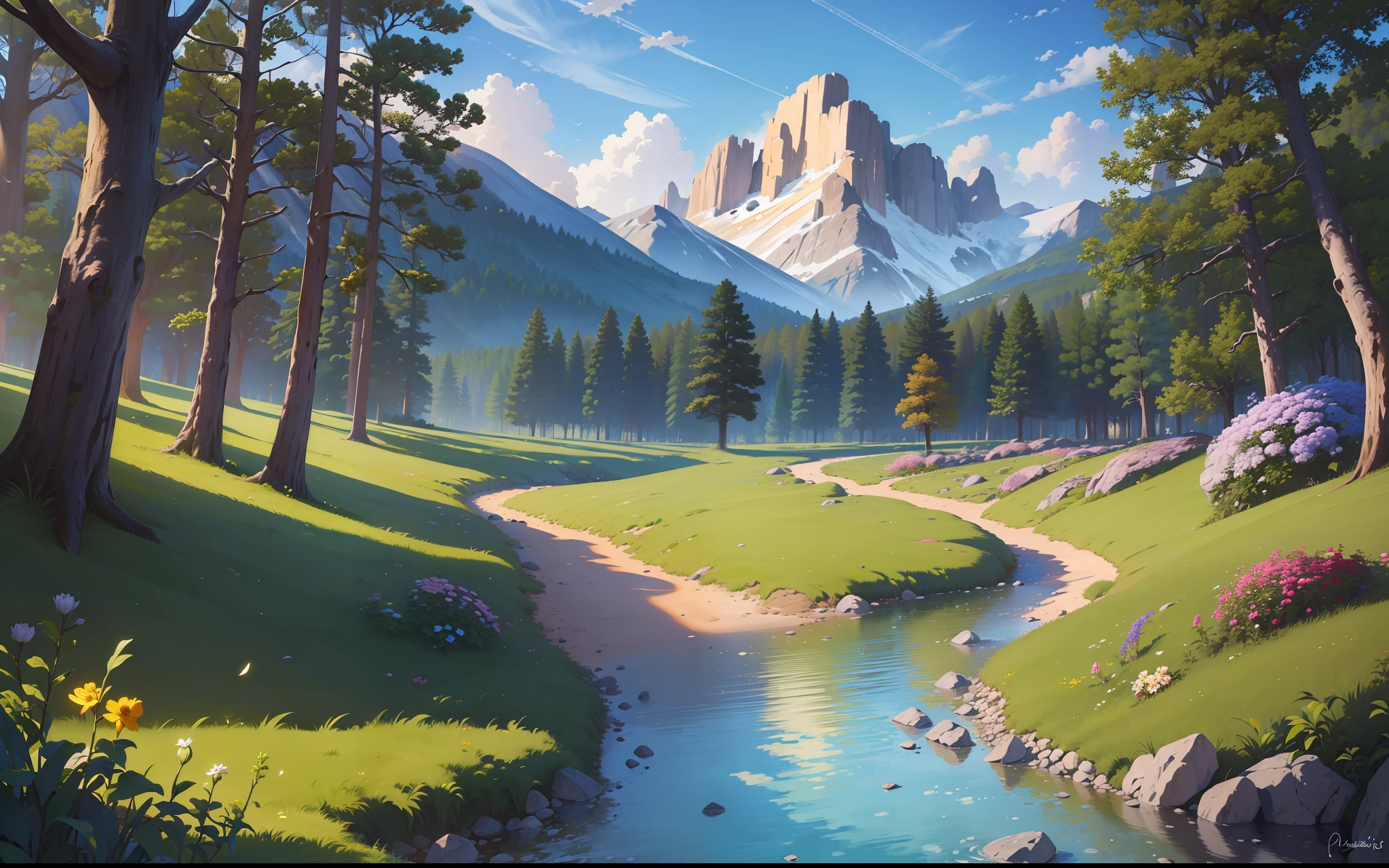 (Masterpiece, Best Quality, High Quality, Highres:1.4), Detailed, Extremely Detailed, Ambient Soft Lighting, 4K,
Outdoors, (Nature, Oak Forest:1.2), (Rocks:1.2), Mountais, Flowers, Plants,