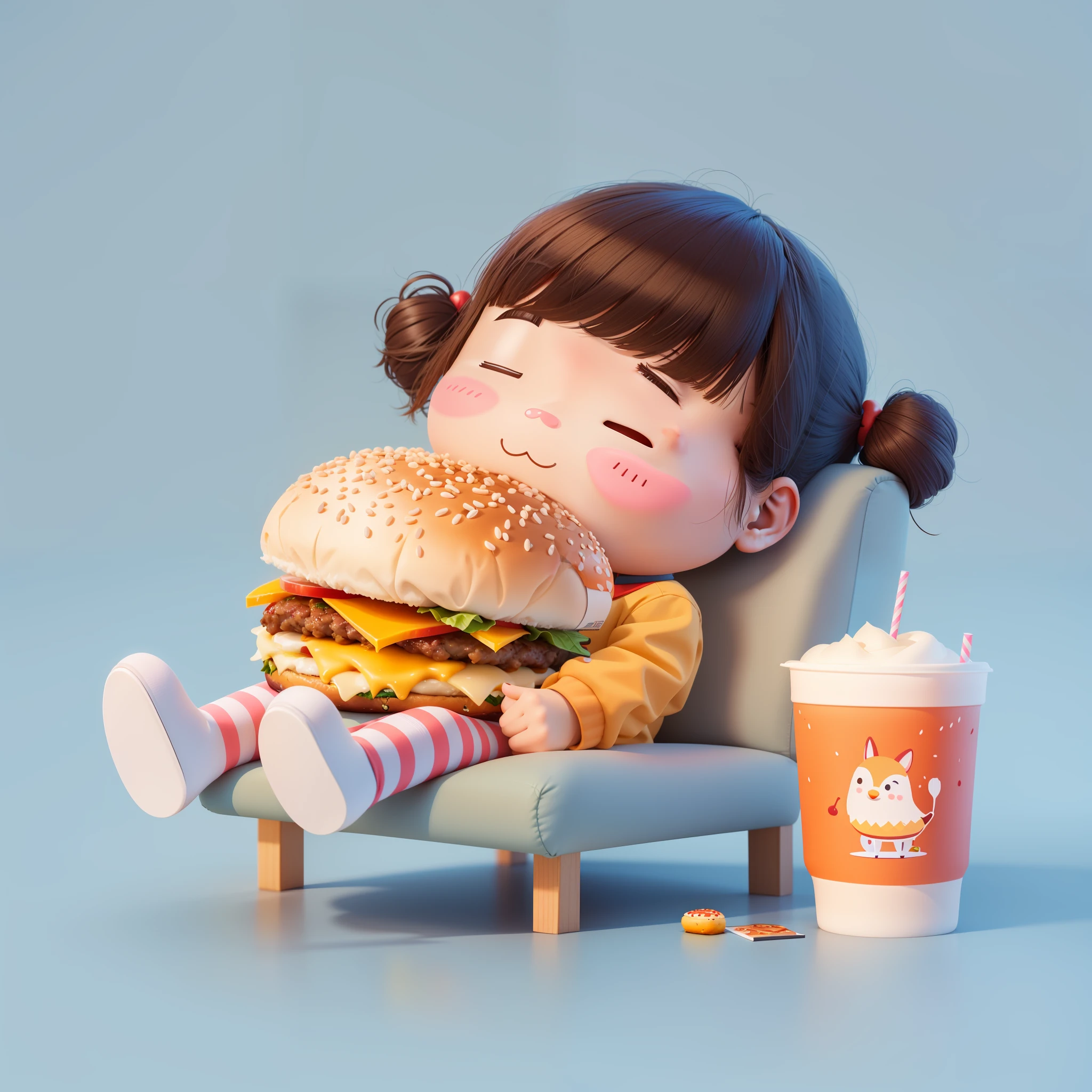 araffe girl sitting on a chair with a hamburger and a drink, cute 3 d render, inspired by Chris LaBrooy, by Chris LaBrooy, trending on cgstation, by Russell Dongjun Lu, cute cartoon character, eating a burger, 3d illustration, 3 d illustration, by jeonseok lee, cute digital art, eating burgers