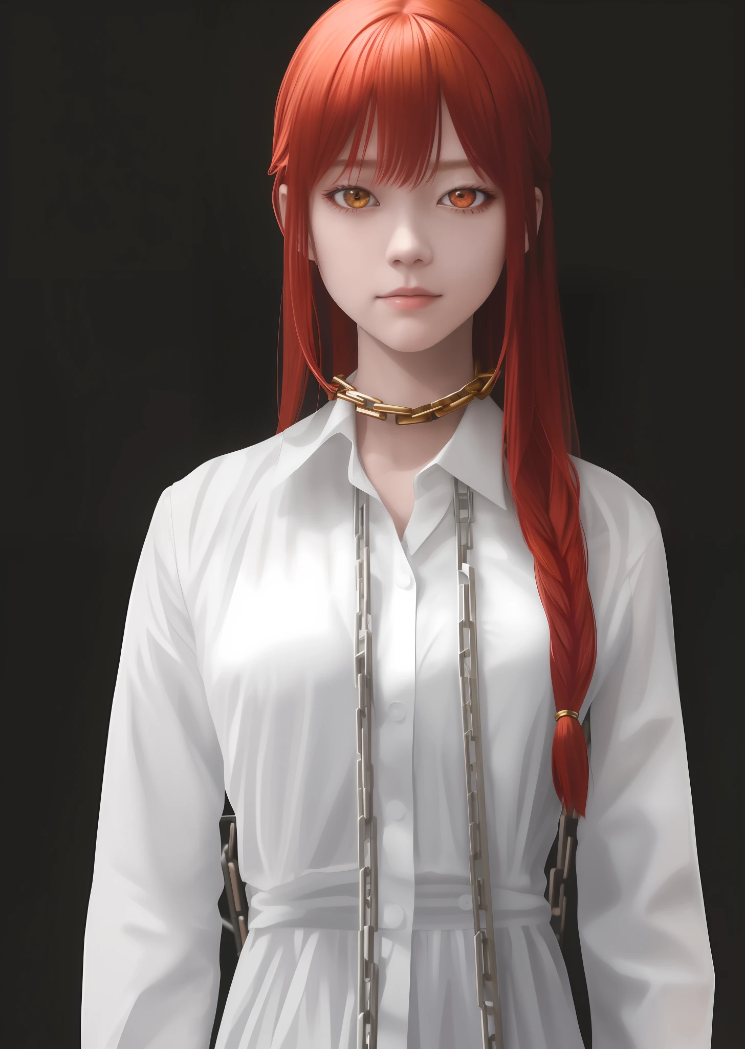 (masterpiece), (best quality),makima \(chainsaw man\), best quality, ultra detailed, 1girl, solo, standing, red hair, long braided hair, golden eyes, bangs, medium breasts, white shirt, tie, stare , smile, (bad:1.2), looking at the viewer, (interview:1.3), (dark background, chains:1.3) ar16.9