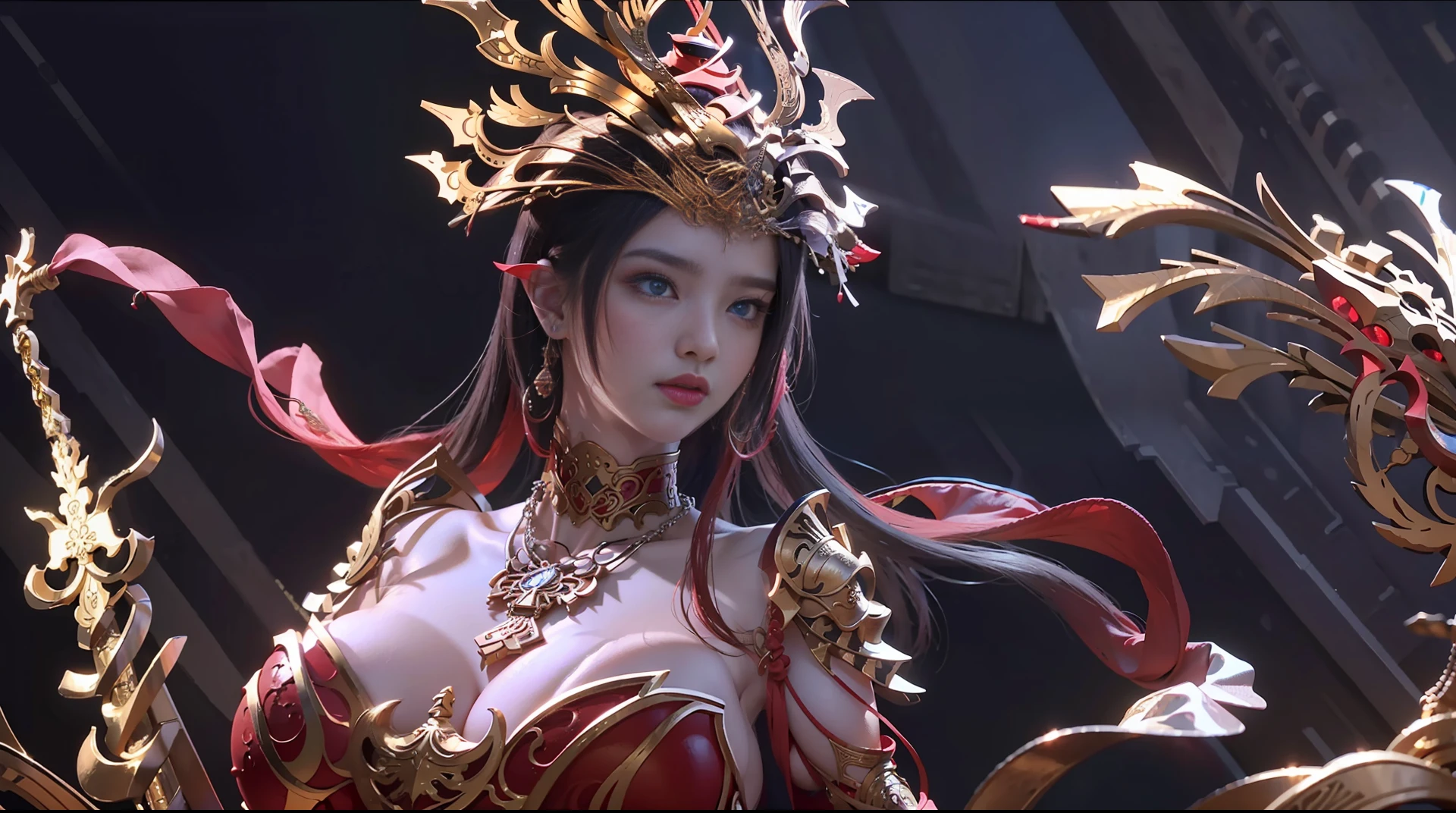 wanjian, multiple weapon (glowing weapon)
official art, unity 8k wallpaper, ultra detailed, beautiful and aesthetic, masterpiece, best quality, photorealistic, (zentangle, mandala, tangle, entangle), extreme detailed, dynamic angle, the most beautiful form of chaos, elegant, a brutalist designed, vivid colours, romanticism
zhongfenghua, Strapless,(red eyeliner:1.2),(huge breasts:1.4), (v-neck:1.5), (big necklace:1.4), lace armour, (beautiful eyes :1.4), (looking at viewer:1.5),