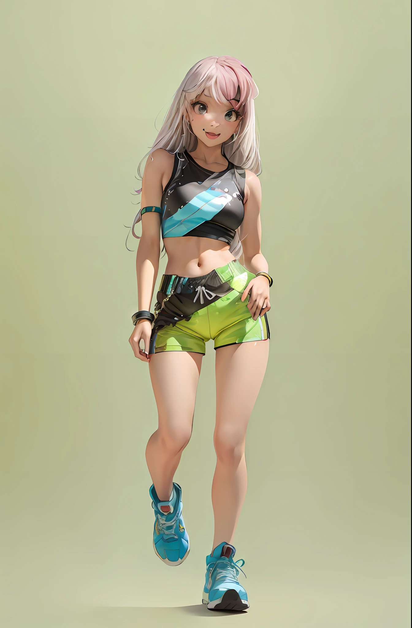 1 young girl,Head to body ratio of 1 to 6.5，cbzbb, charachter,cute, little, small breast,colorful,baby girl,(closeup portrait:1.4) of chaeryeong, tank top, short sleeve t-shirt,cargo pants,martin boots with thick sole, contrapposto, k-pop idol, (slender body:1.3), best quality, ultra high res, (photorealistic:1.3), 1girl, full body,large Accessories
