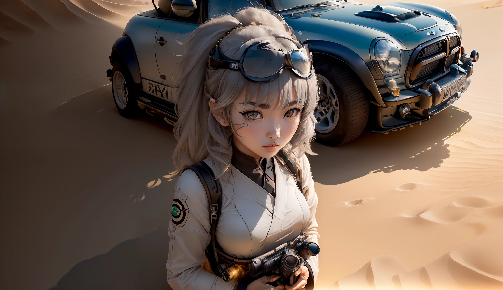 (1 Japanese girl,(Model Girl,Teen),(Pear face shape type,Sugar Grey Eyes,Thin Lips),(Masterpiece,4k Quality)High detailed,(Inverted triangle Body Shape, Arabic Eye Liner,)UHD Quality,Close set eyeshape Chart,Oily Skin,High Detailed), Ivory Skin Type,Face Focus,Master Pro Portrait Lighting (key and filll type)) ,,,,She Stand up beside the( Car ,( BMW M Motorsport USA,Le Mans Blue (381) Colour,( Front hood of the Car put (M134.44 GAU 17A-Mini Gun Rotary Machine Gun System,)),,,,(Cenimatic Lighting),(Masterpiece,Hyper Resolution,) (Background,(Dry Desert,but have one Oasis,Shadow Lighting, Cenimatic Lighting),,, Viewer View, Landscape