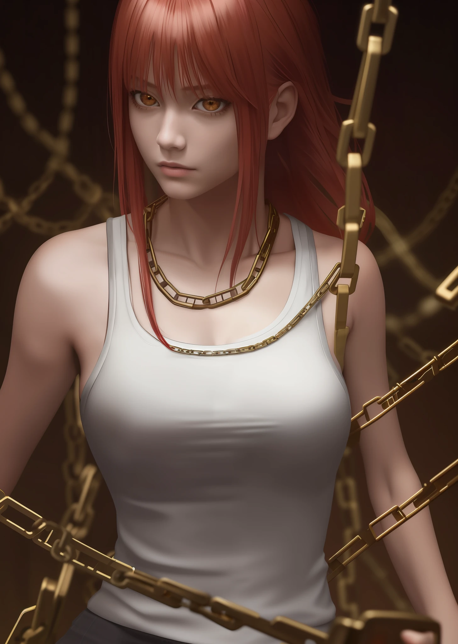 (masterpiece), (best quality),makima \(chainsaw man\) best quality, ultra detailed, 1girl, solo, standing, red hair, long braided hair, golden eyes, bangs, large bouncing breasts, low-cut white shirt, staring gaze, sensual smile, (bad:1.2), looking at the viewer, (interview:1.3), (dark background, chains:1.3)