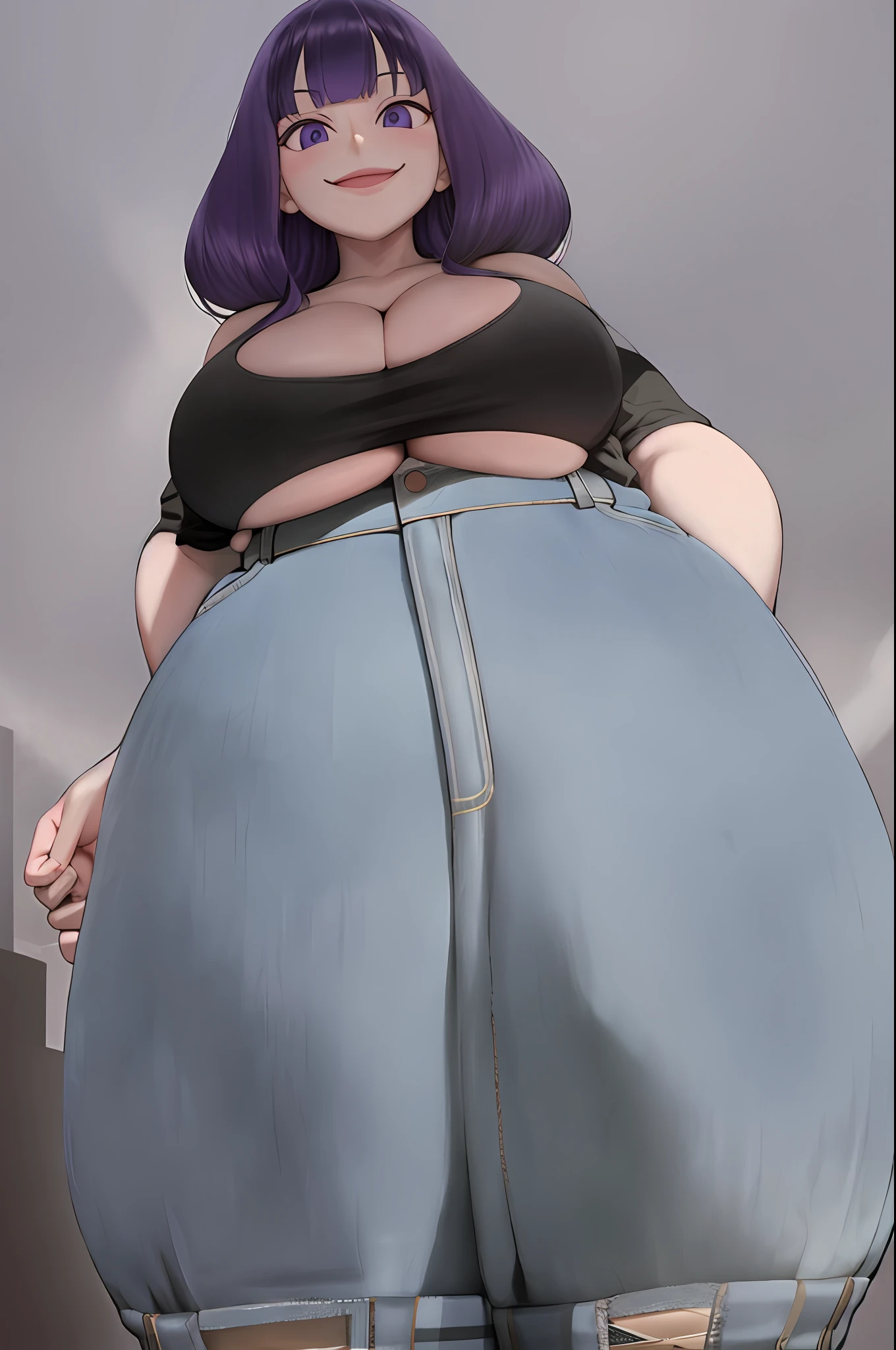 standing,crazy smile,looking at viewer,huge breasts،from below,cleavage, purple hair, jeans, plump, chubby, fat