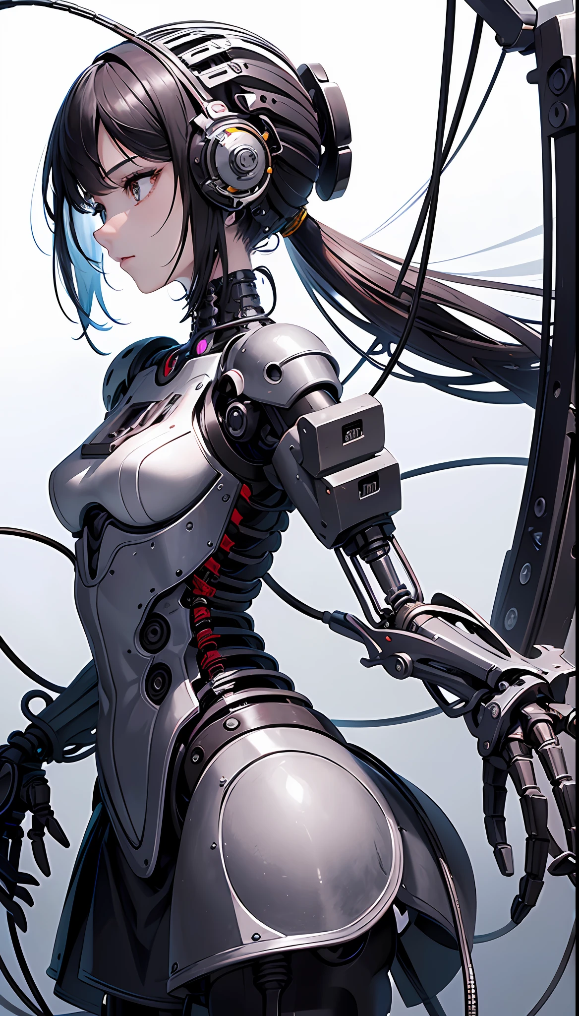 (Masterpiece, Top Quality, Best Quality, Official Art, Beautiful Indulgence: 1.3), (1 Girl: 1.3), Very Detailed, Colorful, Supreme Detail ((Ultra Detailed)), (Highly Detailed CG Illustration), (Very Delicate and Beautiful)), (From the Side), Cinematic Light, (1 Robot Girl)), Solo, Full Body, (Mechanical Joint: 1.2), ((Mechanical Limb)), (Mechanical Vertebrae Attached to the Back), ((Mechanical Cervical Vertebrae Attached to the Neck)), Expressionless, (Wires and cables around the neck: 1.2), (Head wires and cables: 1.2) (Character focus), (Lower body integrated with mechanical devices), Science fiction, White background, (Blood: 1.5), Brutal, Absurd, Erotic spin, Fusion with machines