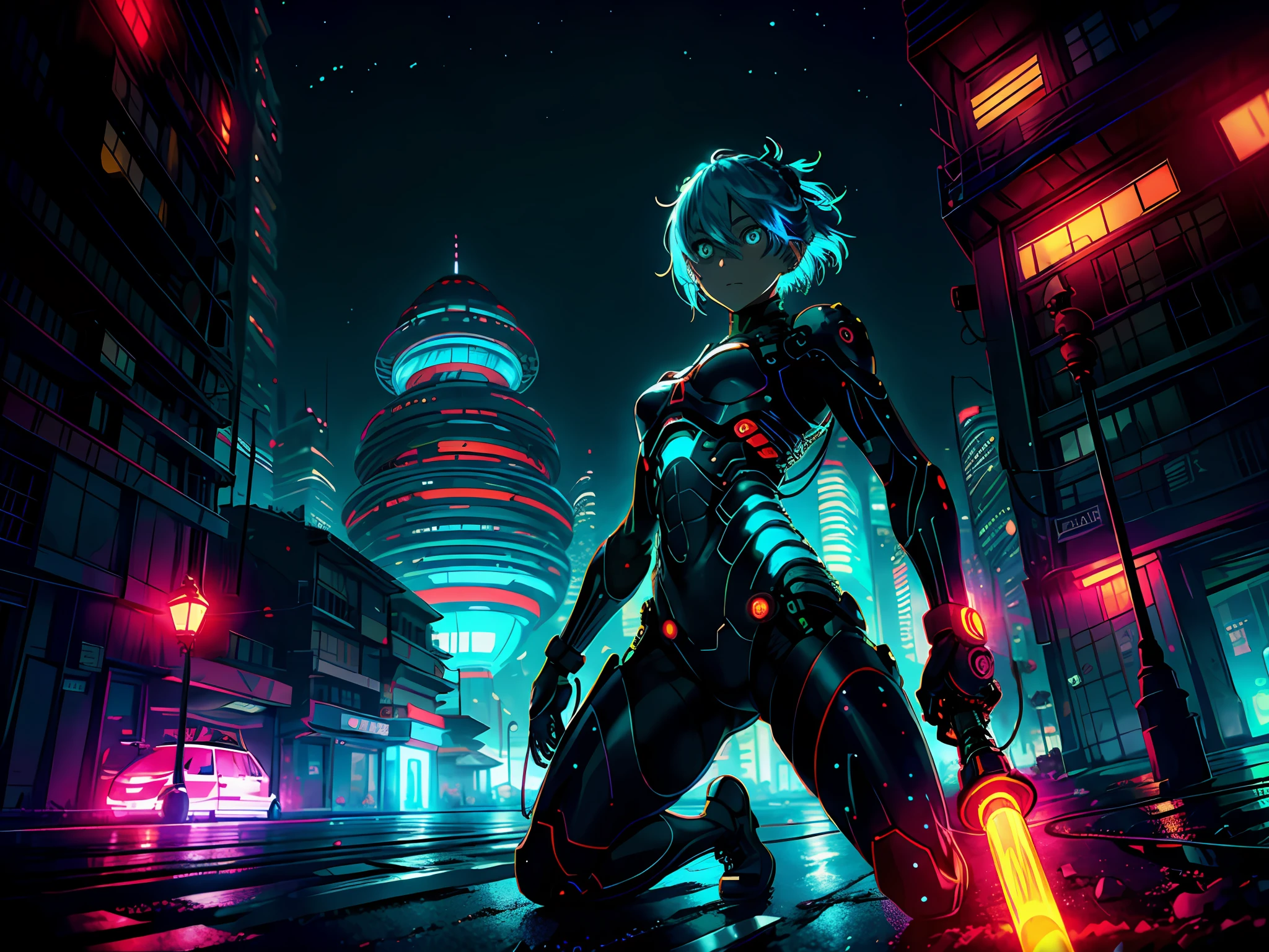 octane render, bioluminescent,8K resolution concept art, realism,by Mappa studios,masterpiece,best quality,official art,illustration,ligne claire,(cool_color),perfect composition,absurdres, fantasy,focused, extremely detailed japanese futuristic city, houses, skyscrapers,blue and red neon light, airship,epic,(focus_girl:1.2),(girl in the middle of the road ), she is holding a light saber in the ready to fight position, fighting stance ,rule of thirds,anime_face,fine-tuning face, detailed eyes,cold face, multicolored messy hair, finely detailed sexy mechanical parts and gear,fierce expression ,overhead_viewer,wind blow at viewer ,motion,(depth_of_field), extension image, view from the under,morning