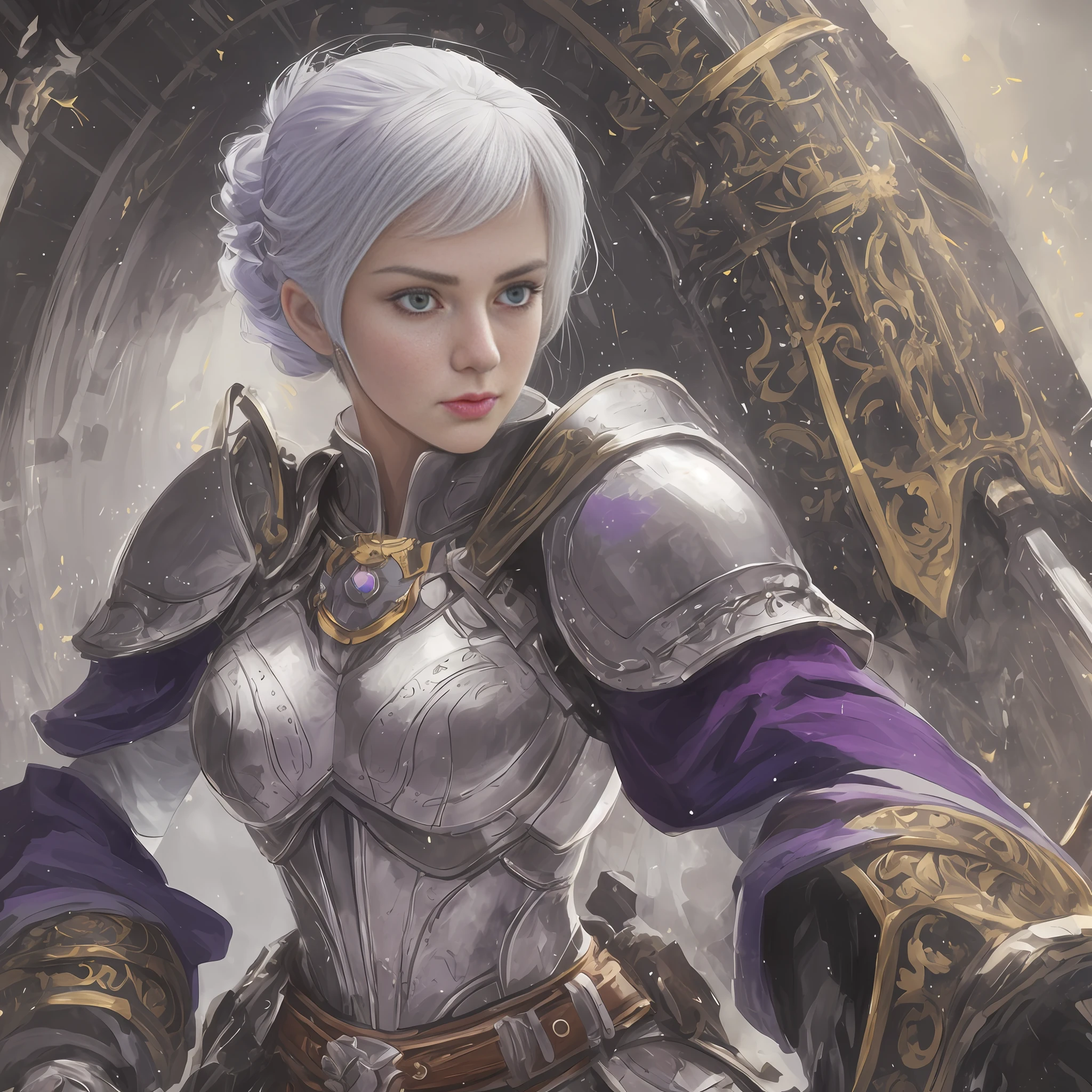 A high-quality painting that depicts a strong and strong-willed female warrior. In the frame there is a simple hairstyle, a stern but beautiful face, emphasizing the character of the heroine. Elements of weapons and protective equipment are possible.