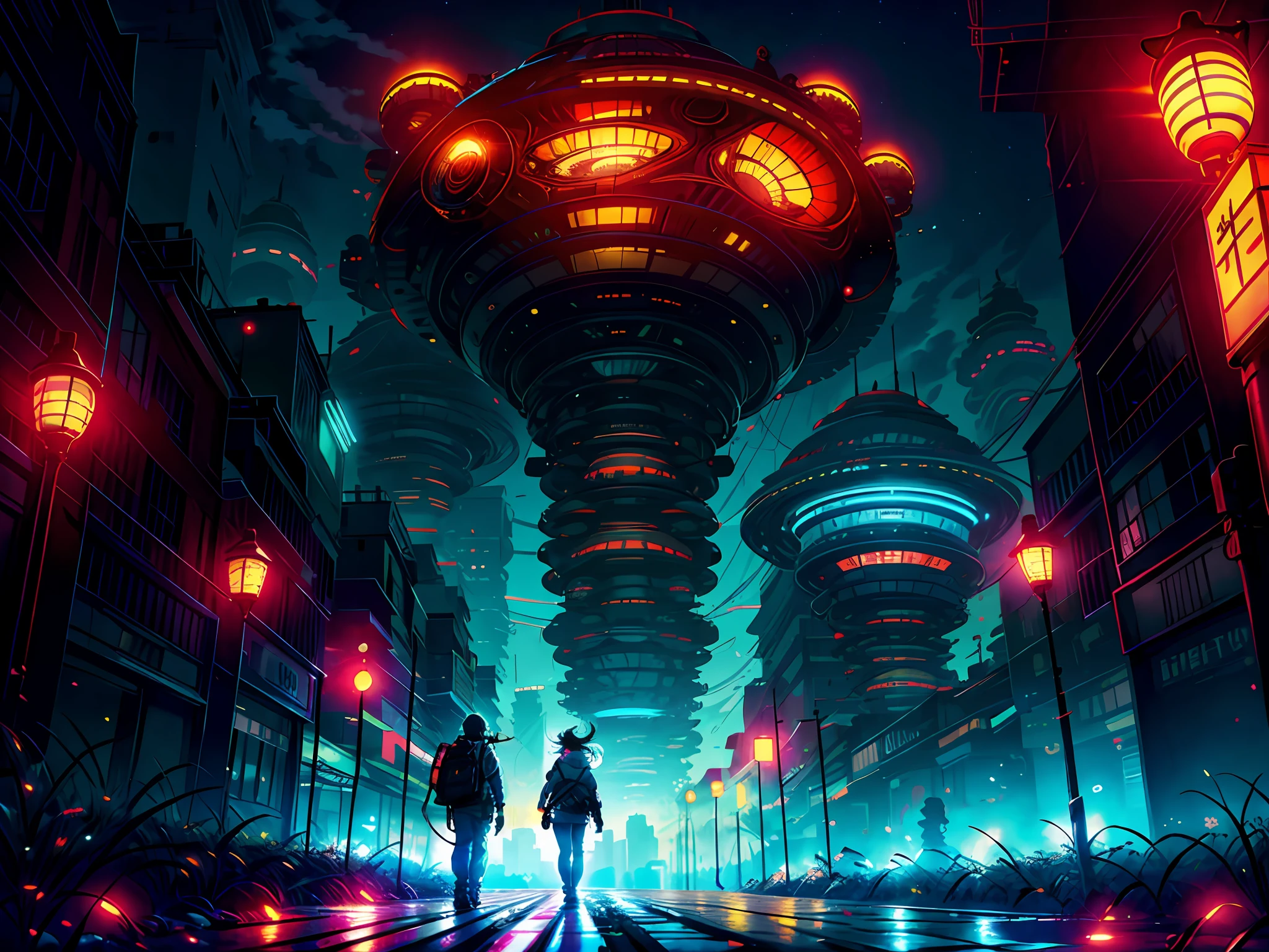 octane render, bioluminescent,8K resolution concept art, realism,by Mappa studios,masterpiece,best quality,official art,illustration,ligne claire,(cool_color),perfect composition,absurdres, fantasy,focused, extremely detailed japanese futuristic city, houses, skyscrapers,blue and red neon light, airship,epic,(focus_girl:1.2),(girl in the middle of the road ), she is holding a light saber in the ready to fight position, fighting stance ,rule of thirds,anime_face,fine-tuning face, detailed eyes,cold face, multicolored messy hair, finely detailed sexy mechanical parts and gear,fierce expression ,overhead_viewer,wind blow at viewer ,motion,(depth_of_field), extension image, view from the under,morning