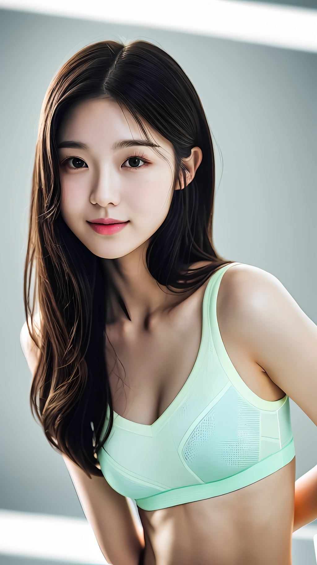 realistic photos of (1 cute Korean star) Shoulder-length hair, thin makeup, medium breasts size, slightly smile, wearing activeware, clear facial features, 16k, pov, cinematic lighting, chromatic aberration abuse, silhouette, masterpiece, anatomically correct, highres