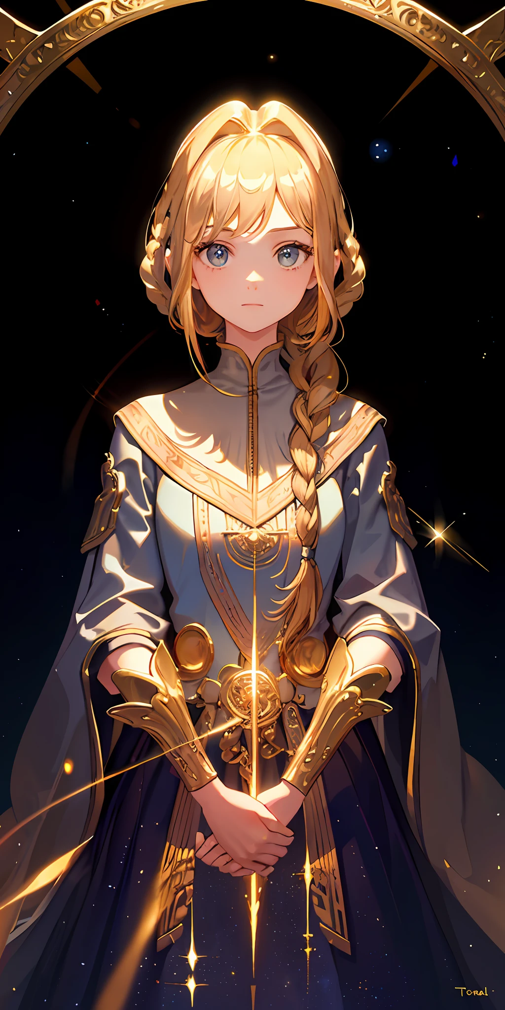 Excellent, masterpiece, upper body, (adult: 1.6), (giggle: 0.4), arms behind the head, golden braids, starry eyes, wizard robes, floating particles of light, center, sunlight, forest, lying on grass, Tyndall effect