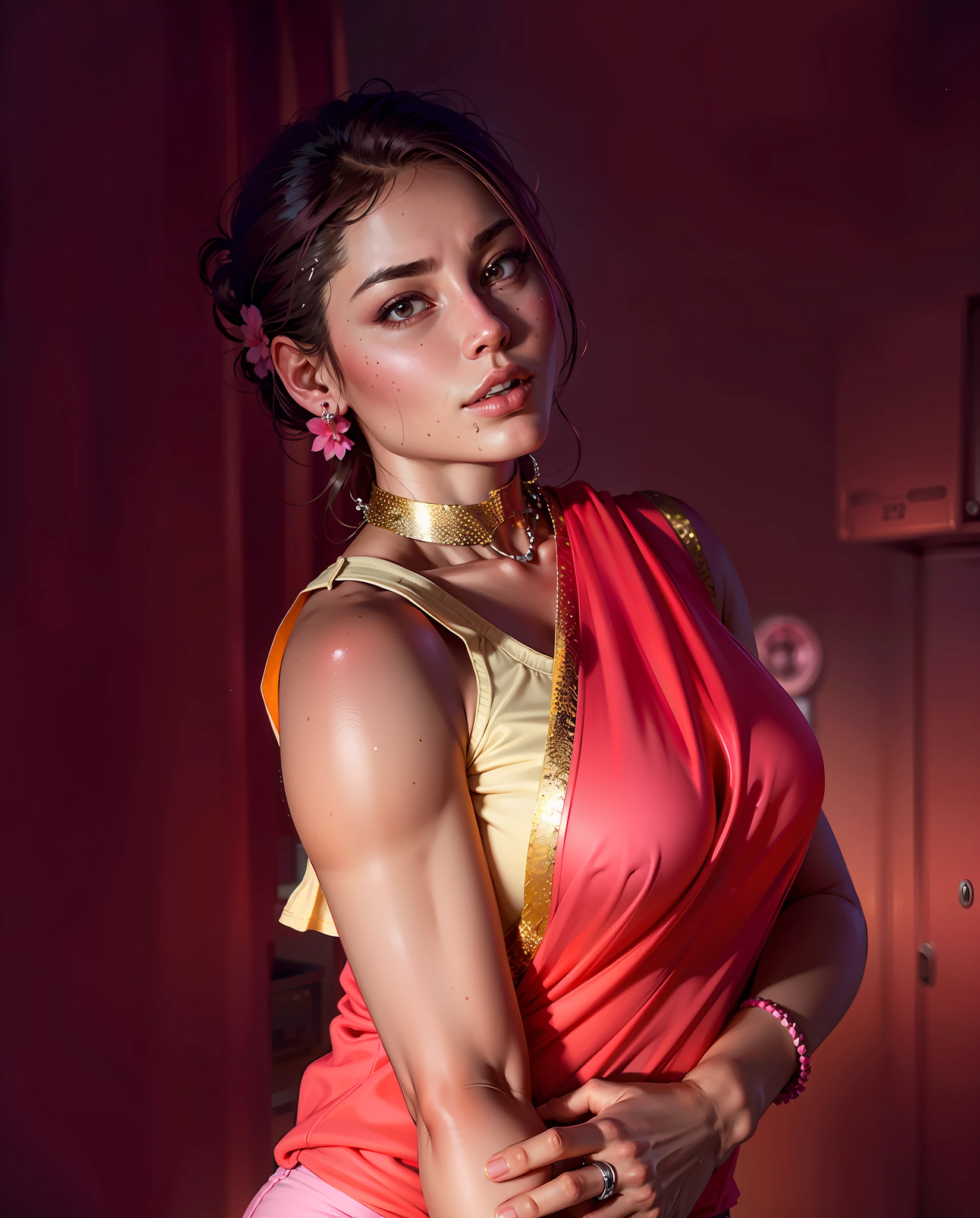 ((realistic face, seductive, adult look)), (pink pink shirt, black underwear, short clothes), (pink long hair, pink Nike sneakers), (22 years), (1 girl), (4k style))