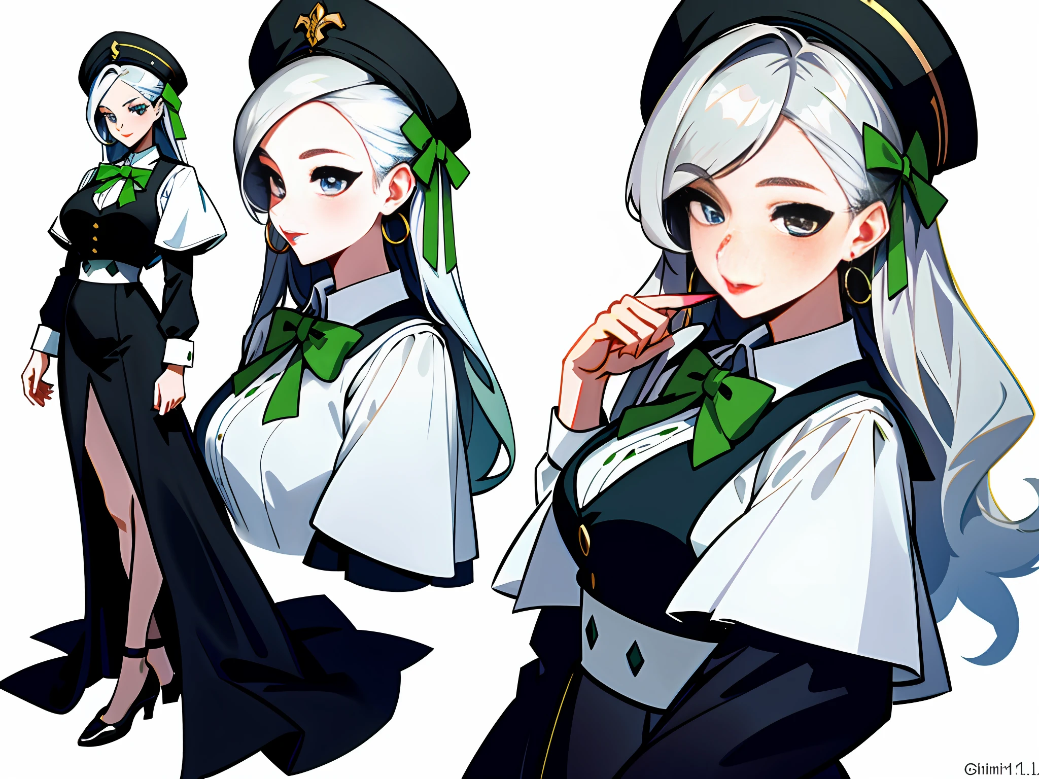 Masterpiece: 1.6, best quality: 1.4, live image: 1.2, intricate details: 1.2, charturnerv2: 1.2, 1lady full body character change,
Appearance: milf: 1.25, thin: 1.3, blue eyes, medium breasts, sharp eyes,
Clothing: black school uniform, white blouse and green bow,
Accessories: white headband, simple hoop earrings,
Hair: long silver hair, semi curly hair,
Makeup: natural, shiny skin, red lips,
(single background, white background: 1.3), multiple views, multiple views of the same character in the same outfit: 1.3.