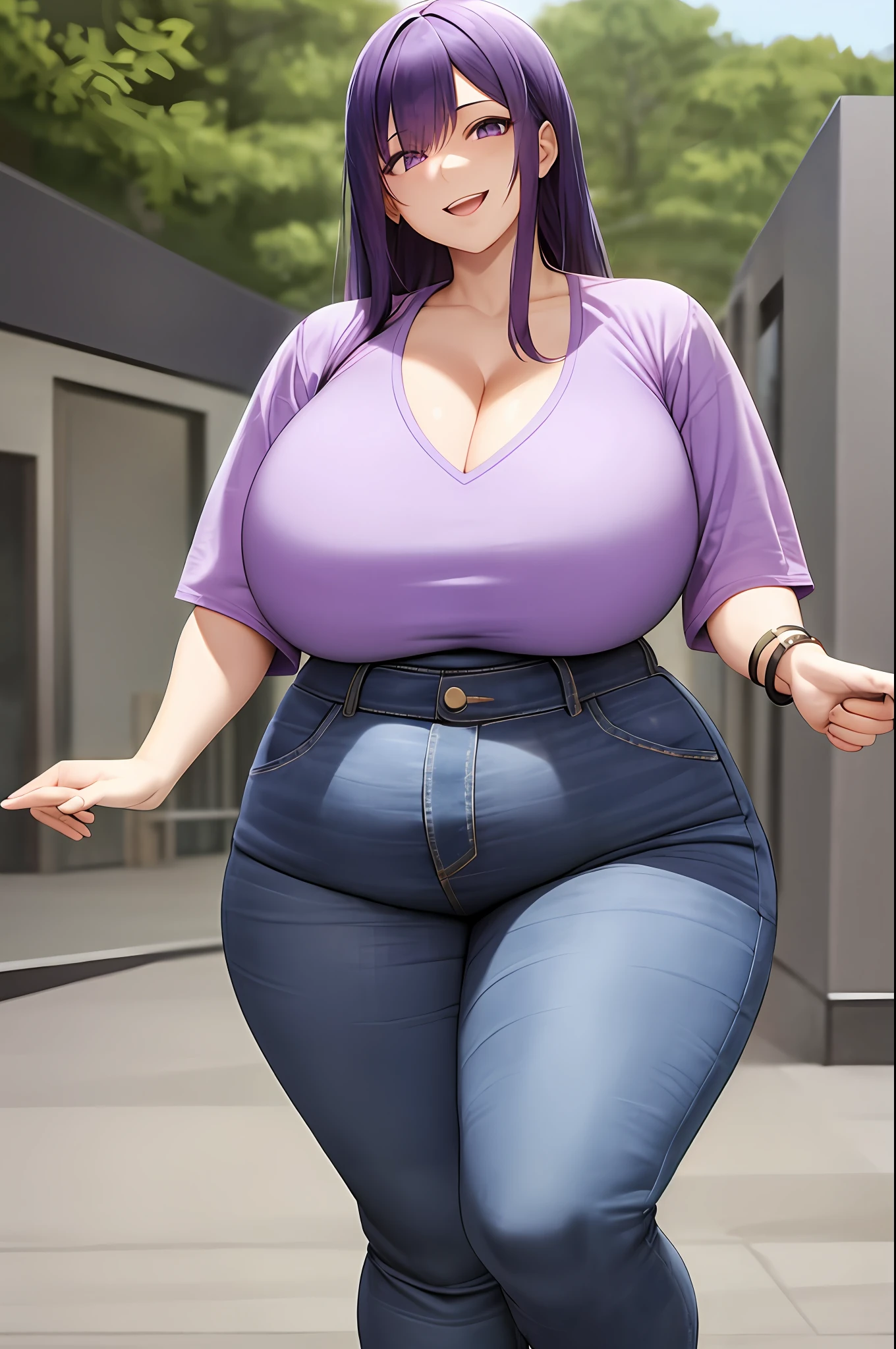 standing,crazy smile,looking at viewer,huge breasts،from below,cleavage, purple hair, jeans, plump, chubby, fat, crazy eyes, grabbing viewer