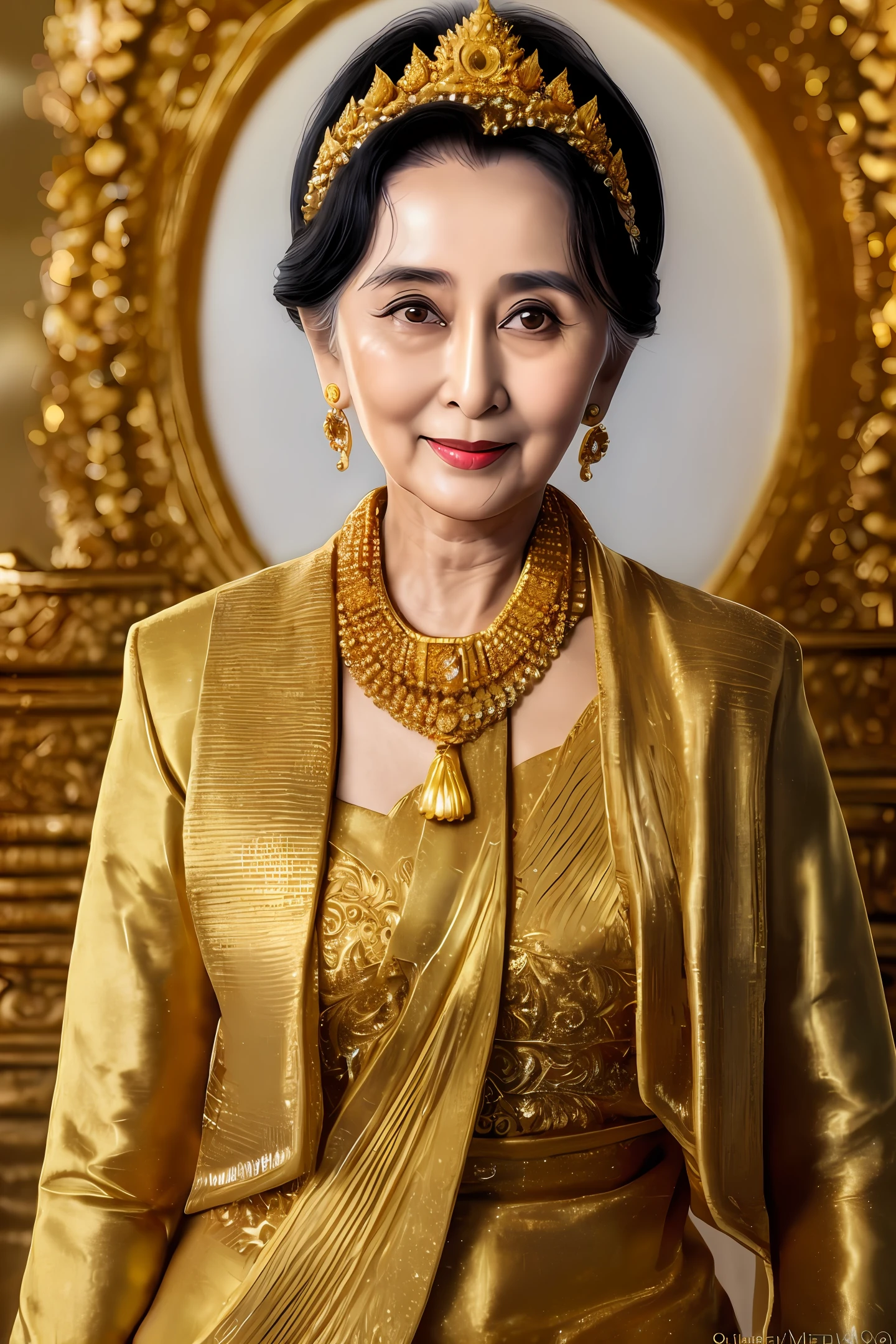 Daw Aung San Su Kyi , 80 yo, smile face, (background golden pagoda) , half body, wet hair, (looking to viewer), mature, detailed face, 8k, RAW photo, super realistic, super detail, Masterpiece, Myanmar national dress, real human, real skin,