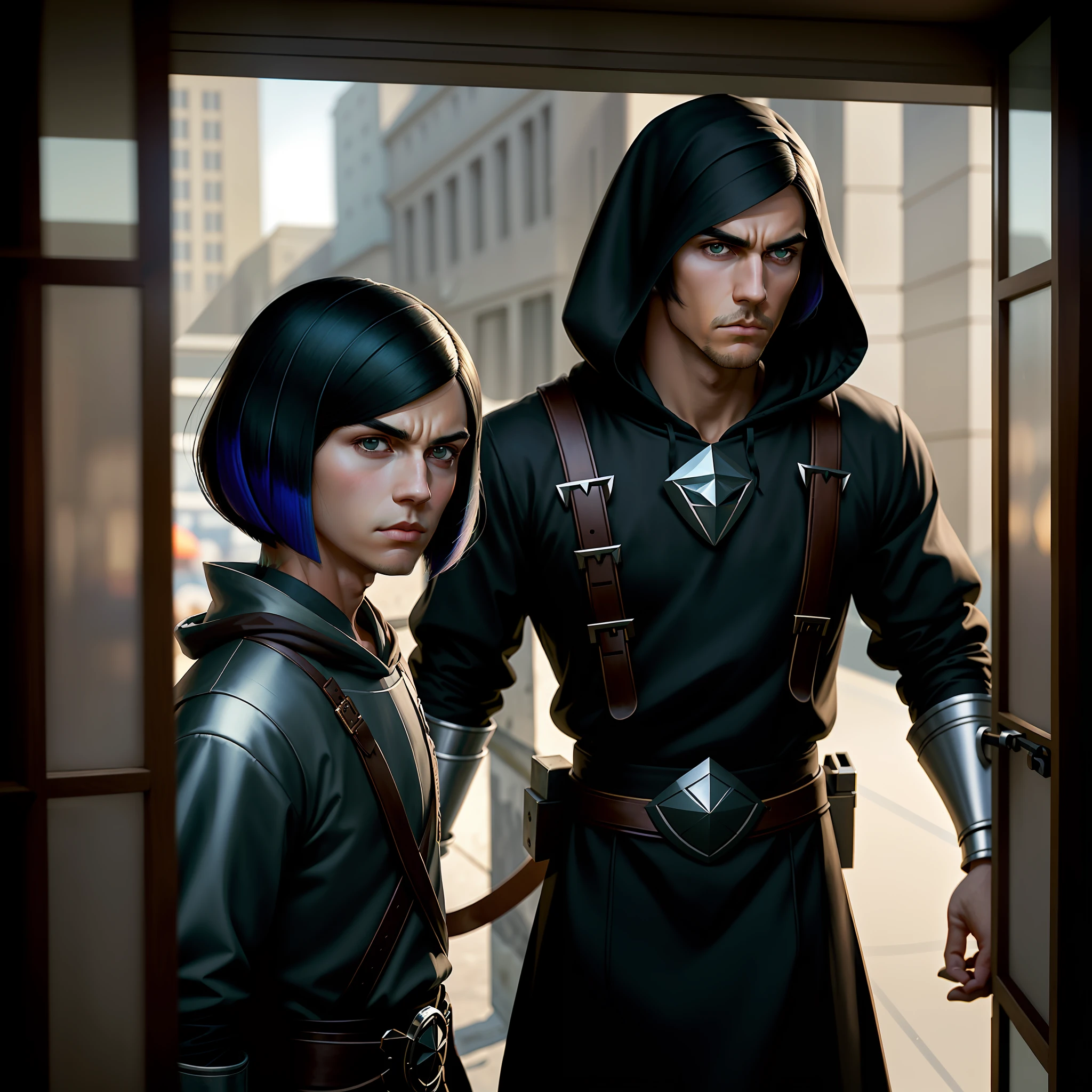 handsome male, gradient hair, bob cut, food-themed hair ornament, hood down, glaring, covering ears, expressionless eyes, anime, Cubist Futurism, Renaissance, blending, optical illusion, image fill, vignetting, drop shadow, chromatic aberration, chart, cut-in, overexposure, masterpiece, best quality