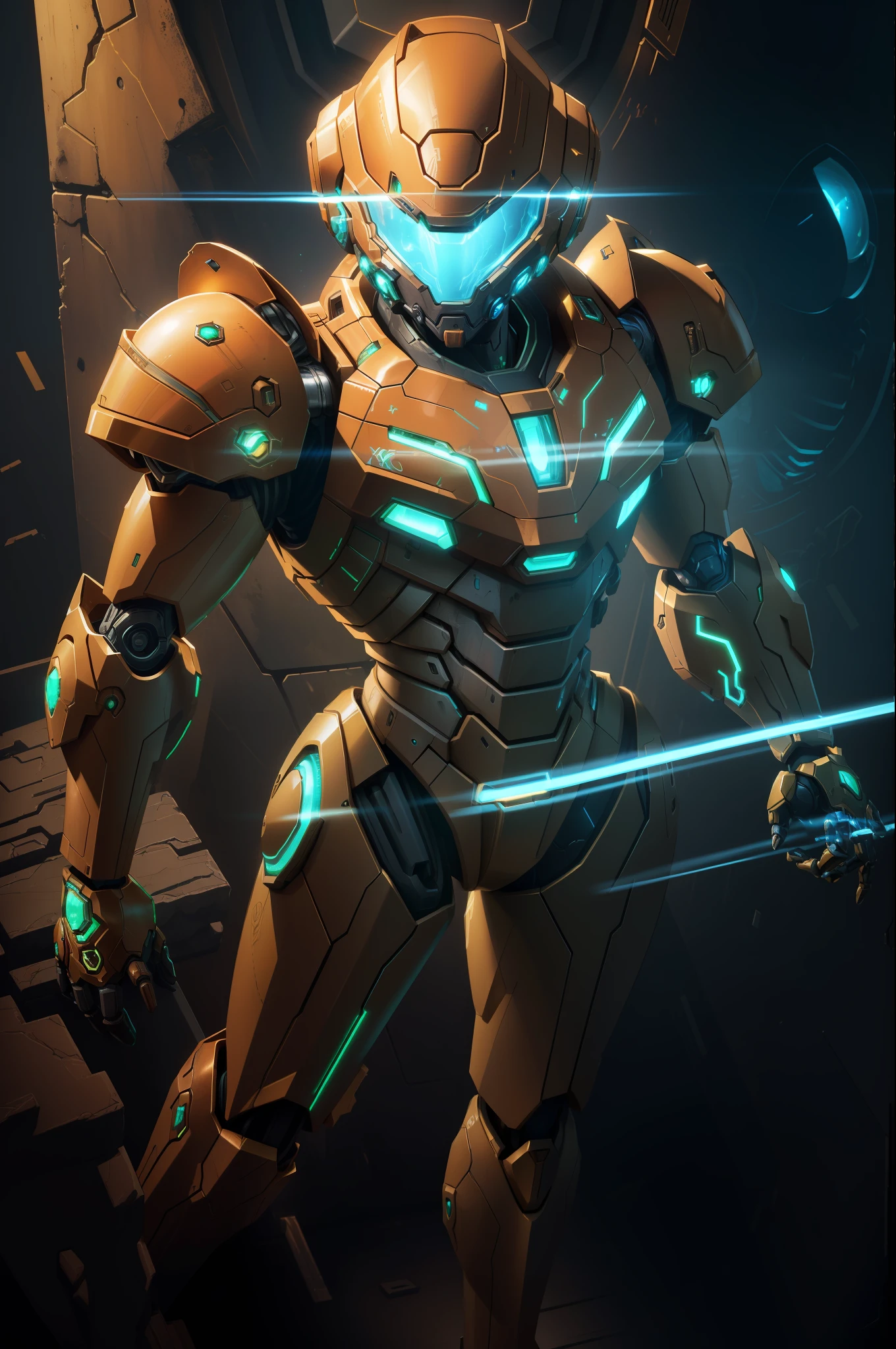 (masterpiece, best quality), intricate details, photo, realistic, unreal engine, bioluminic Mecha, humanoid robot, robot, robot joints, joints, helmet, armor, Samus Aran from metroid using her Varia Suit, rusty, alien planet, computer terminals, arc electricity, sp3ct4, dark atmosphere, symmetric legs, (arm cannon)