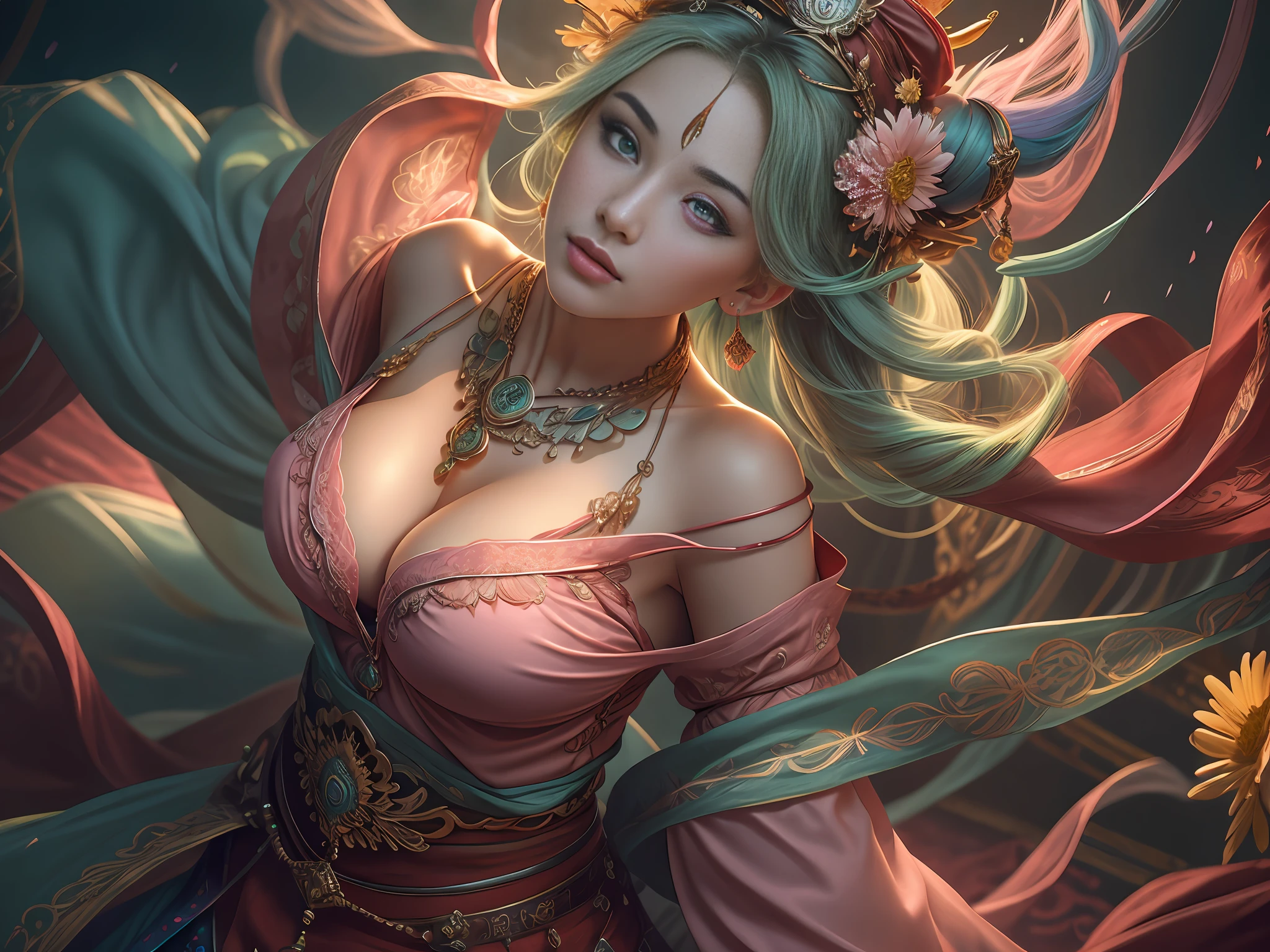 Best quality,masterpiece,ultra-detailed high res,(photorealistic:1.4),raw photo,,illustration,
1girl dancing,(solo:1.2),(cowboy shot:1.2),(hair crown:1.2),Traditional chinese dunhuang style lace clothes,Strapless,(red eyeliner:1.2),(????????????:1.4), (v-neck:1.5), (big necklace:1.4), lace armour, (beautiful eyes :1.4), (looking at viewer:1.5), earrings,dynamic angle,Opera House,messy_long_hair,ink,cinematic lighting,lens_flare, Velvet, chrysanthemum,Tassel,Ribbon,color embroidery, white gold pink blue violet green