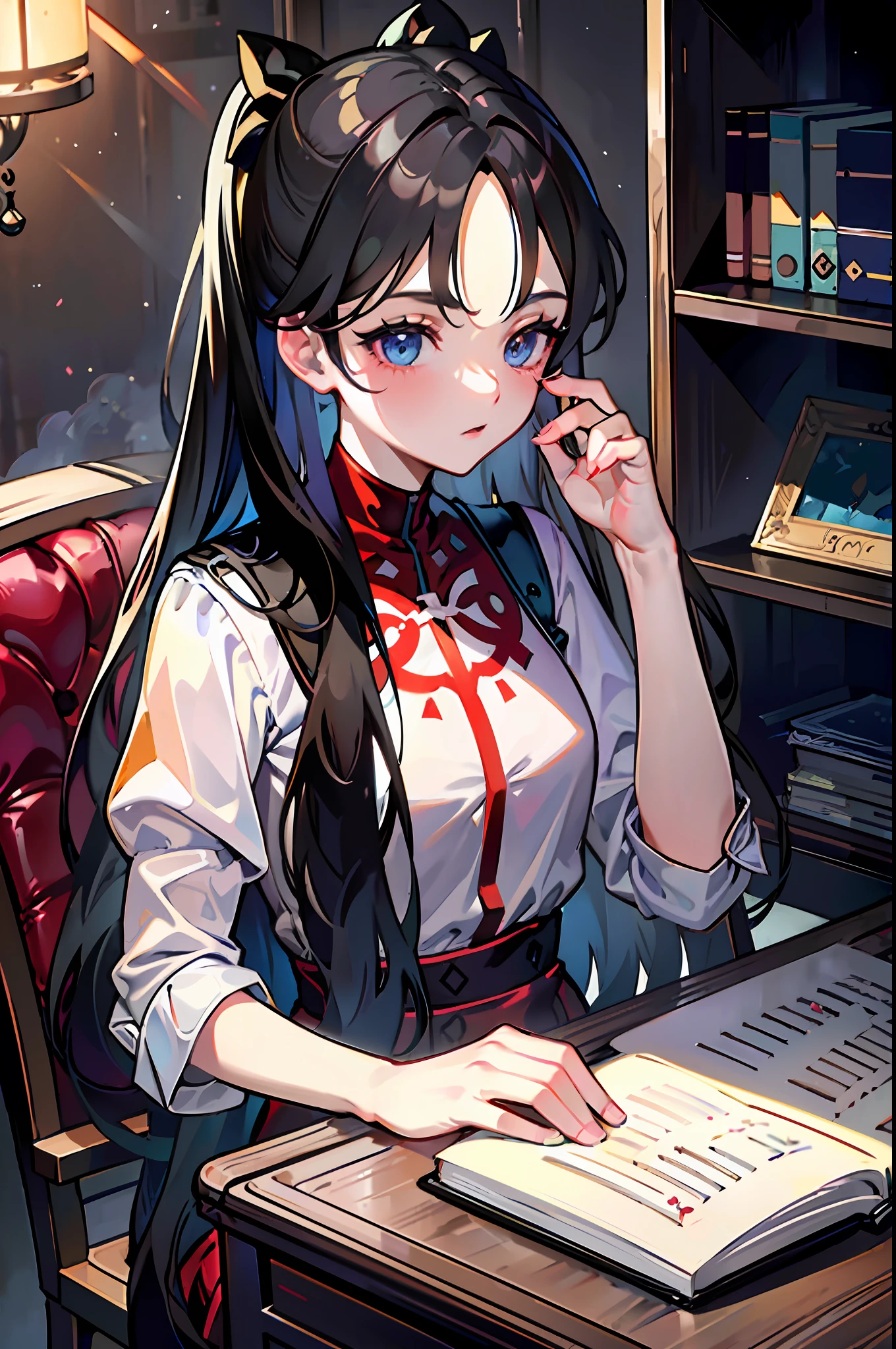 (masterpiece, best quality:1.4), (8k:1.3), ultra-detailed, highly detailed, extremely detailed light and shadow, Tyndall Effect, best light, 
1girl, (tohsaka-rin:1.3), with hair dishevelled, (extremely detailed face:1.2), close-up, long hair, babydoll, 
the study, the bookshelves, the desk full of books, the kerosene lamp, the sun shines into the study, the dust shines in the sun, the leather chair, primitive interior decoration, occult atmosphere, magic and fantasy,