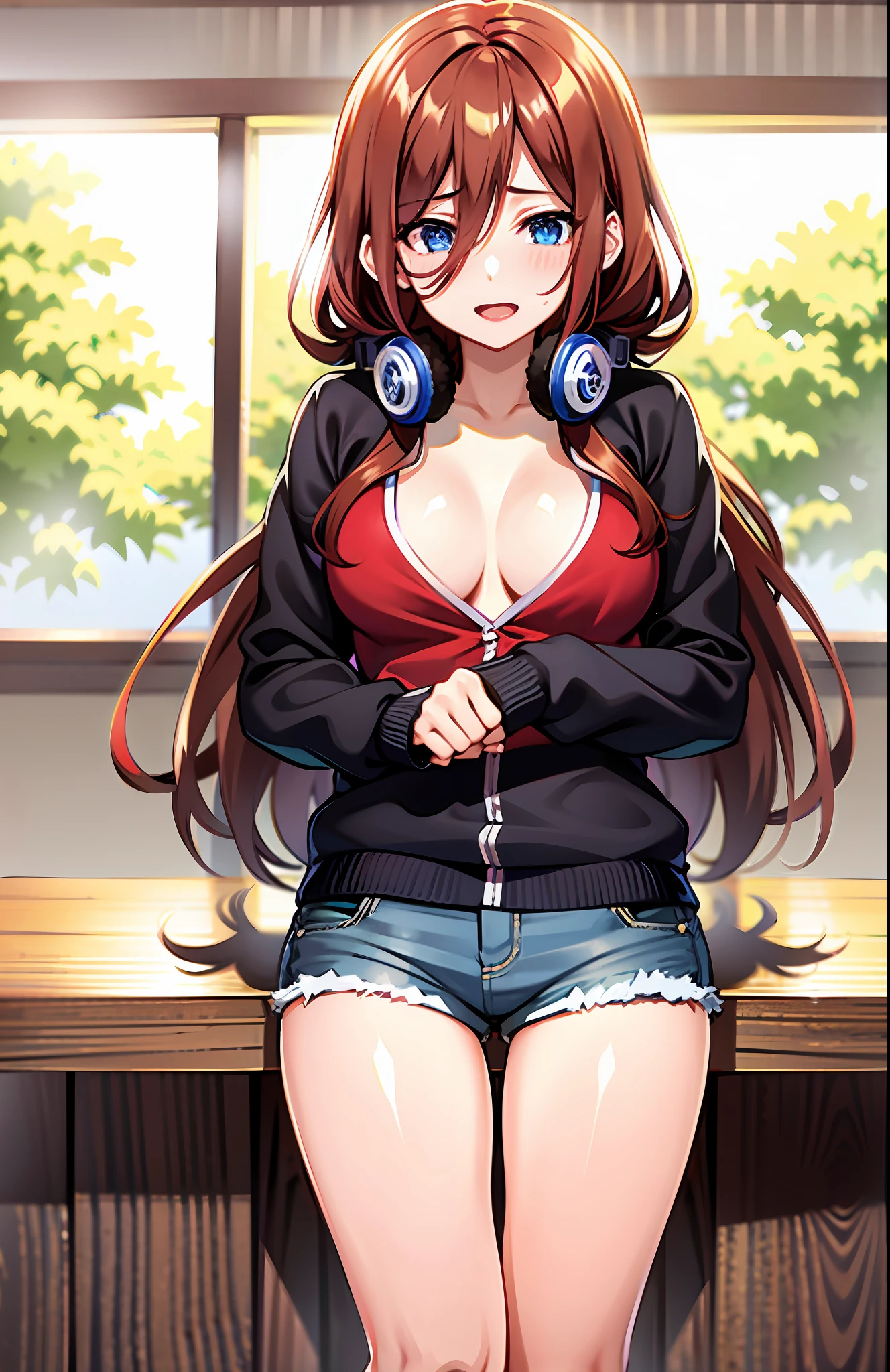 Nakano miku, brown long hair, hair between eyes, headphones, g-cup, red bikini, jean shorts, (erotic pose:1.4)