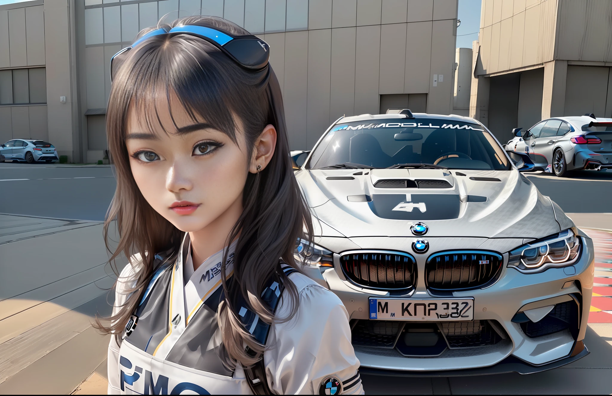 (1 Japanese girl,(Model Girl,Teen),(Pear face shape type,Sugar Grey Eyes,Thin Lips),(Masterpiece,4k Quality)High detailed,(Inverted triangle Body Shape, Arabic Eye Liner,)UHD Quality,Close set eyeshape Chart,Oily Skin,High Detailed), Ivory Skin Type,Face Focus,Master Pro Portrait Lighting (key and filll type)) ,,,,She Stand up beside the( Car ,( BMW M Motorsport USA,Le Mans Blue (381) Colour, Cenimatic Lighting, masterpiece,best quality,8k,