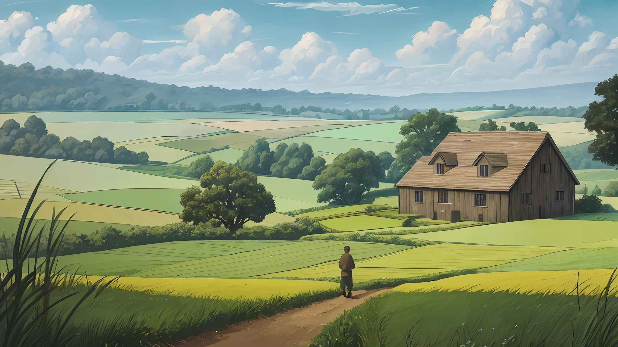 A countryside field scene with intricate details, drawn in the style of Hayao Miyazaki, with ultra high resolution
