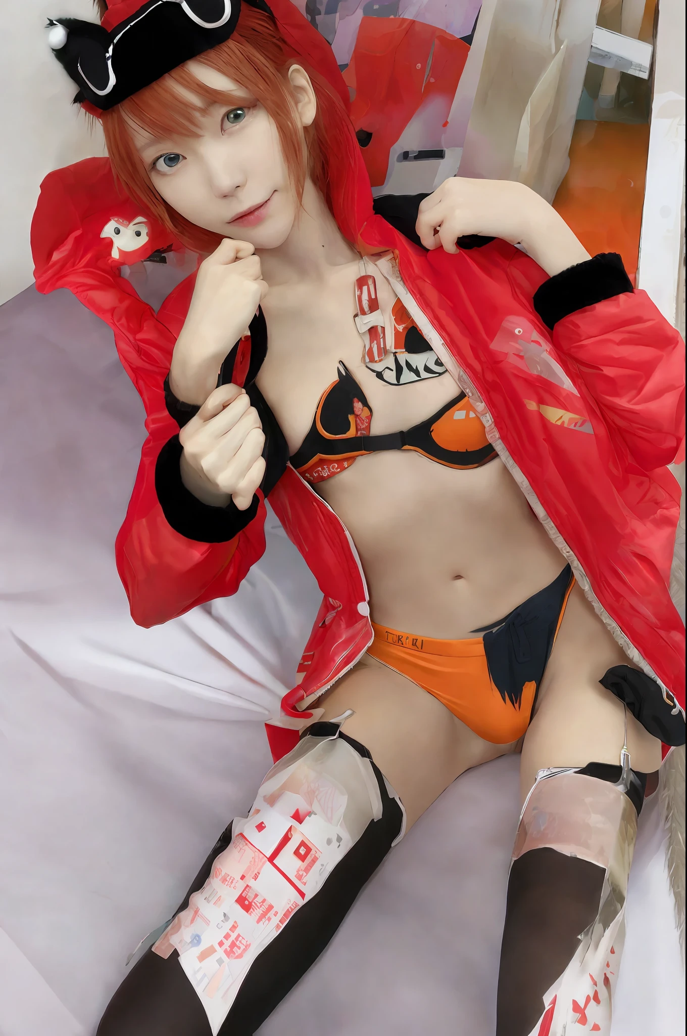 (Highest Quality, Amazing Details:1.25), (Solo:1.3), Brilliant Colorful Paintings, souryuu asuka langley, red jacket, cat hat, eyepatch, hands in pockets, (tape), nsfw, topless, red pubic hair, small breasts, house, black thighhighs, ashamed