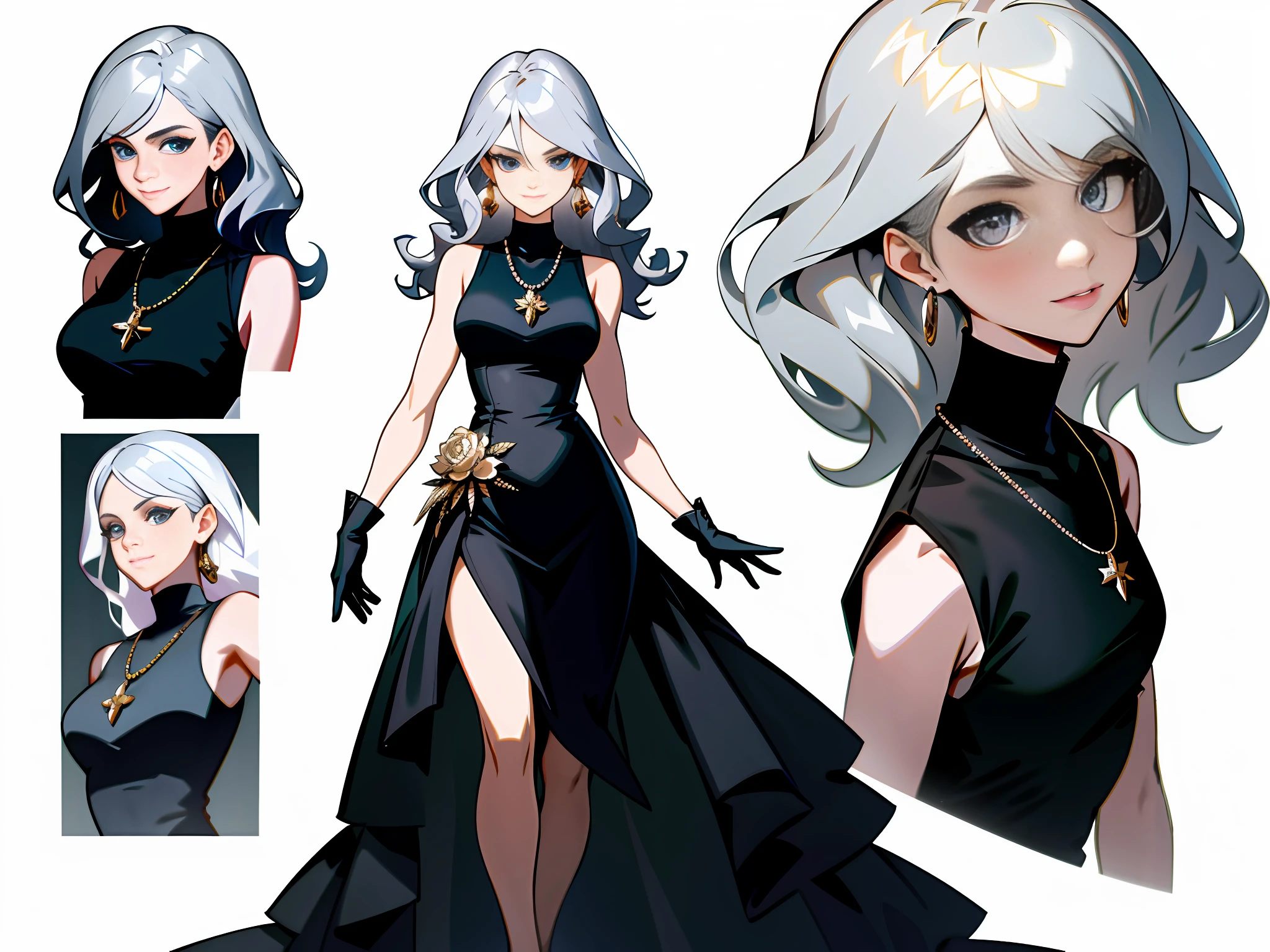 Masterpiece: 1.6, best quality: 1.4, live image: 1.2, intricate details: 1.2, charturnerv2: 1.2, 1lady full body character change,
Appearance: milf: 1.25, thin: 1.3, light blue eyes, medium breasts, detailed eyes, quality eyes,
Clothing: black sleeveless dress, black gloves
Accessories: simple hoop earrings, black necklace, small flowers in the hair,
Hair: silver hair, long hair, semi curly hair,
Makeup: natural, shiny skin,
(single background, white background: 1.3), multiple views, multiple views of the same character in the same outfit: 1.3.