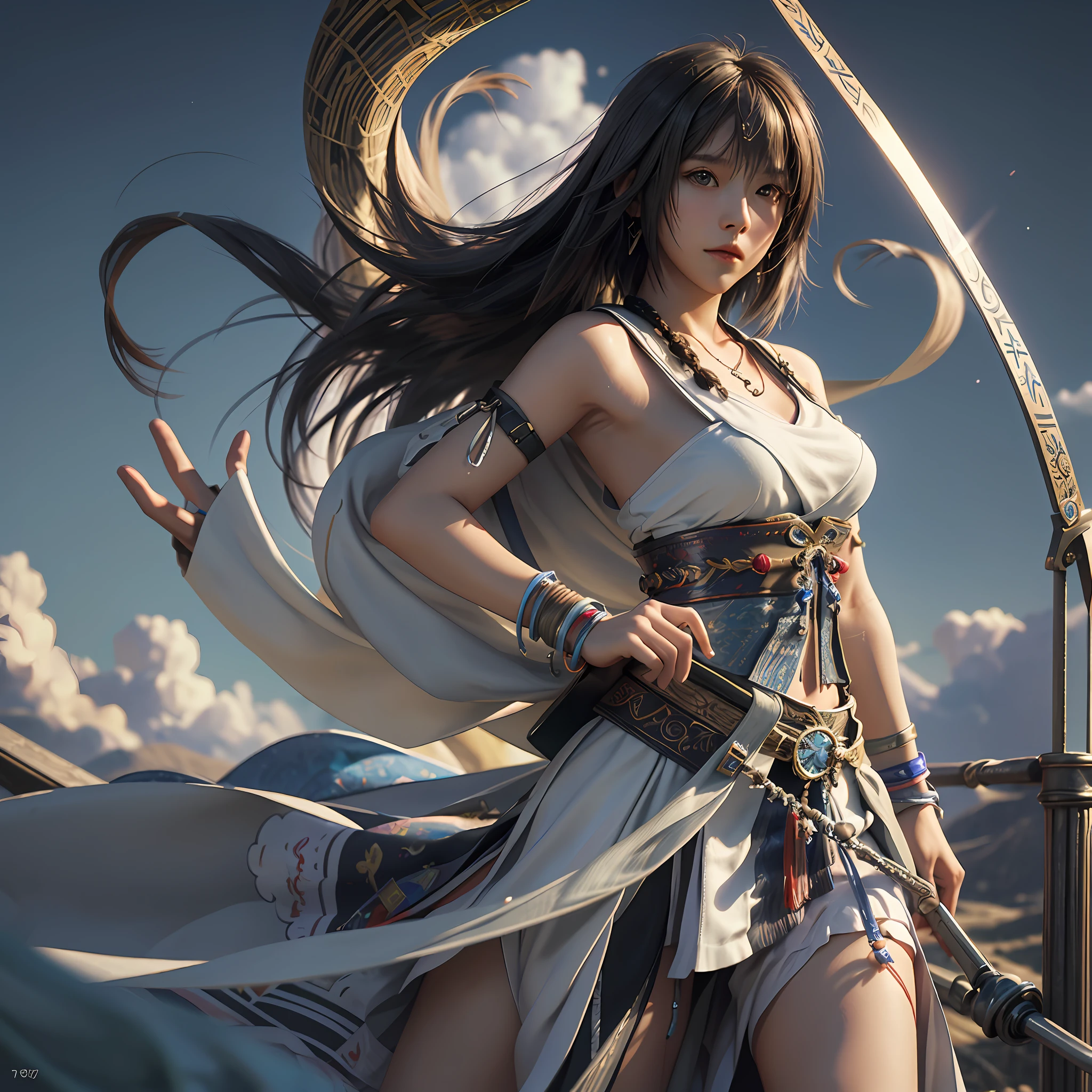 (masterpiece), (high quality), (best quality), realistic, RAW photo, cinematic, Yuna, Yuna from Final Fantasy, cosplay, posing for photo, cool pose, black bobcut hair, 20yo girl, stunning beauty