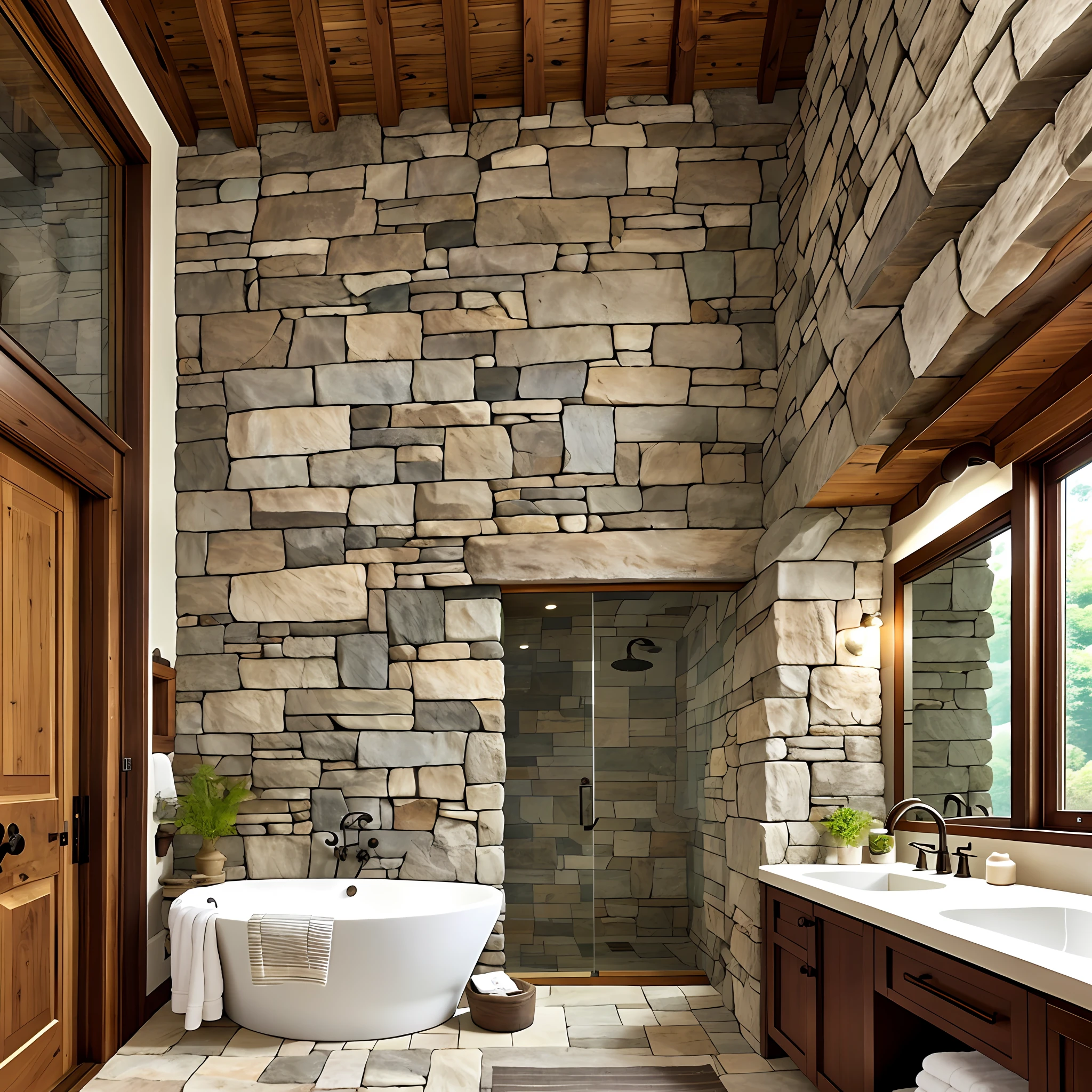 Cozy bathroom with stone and wood in the interior