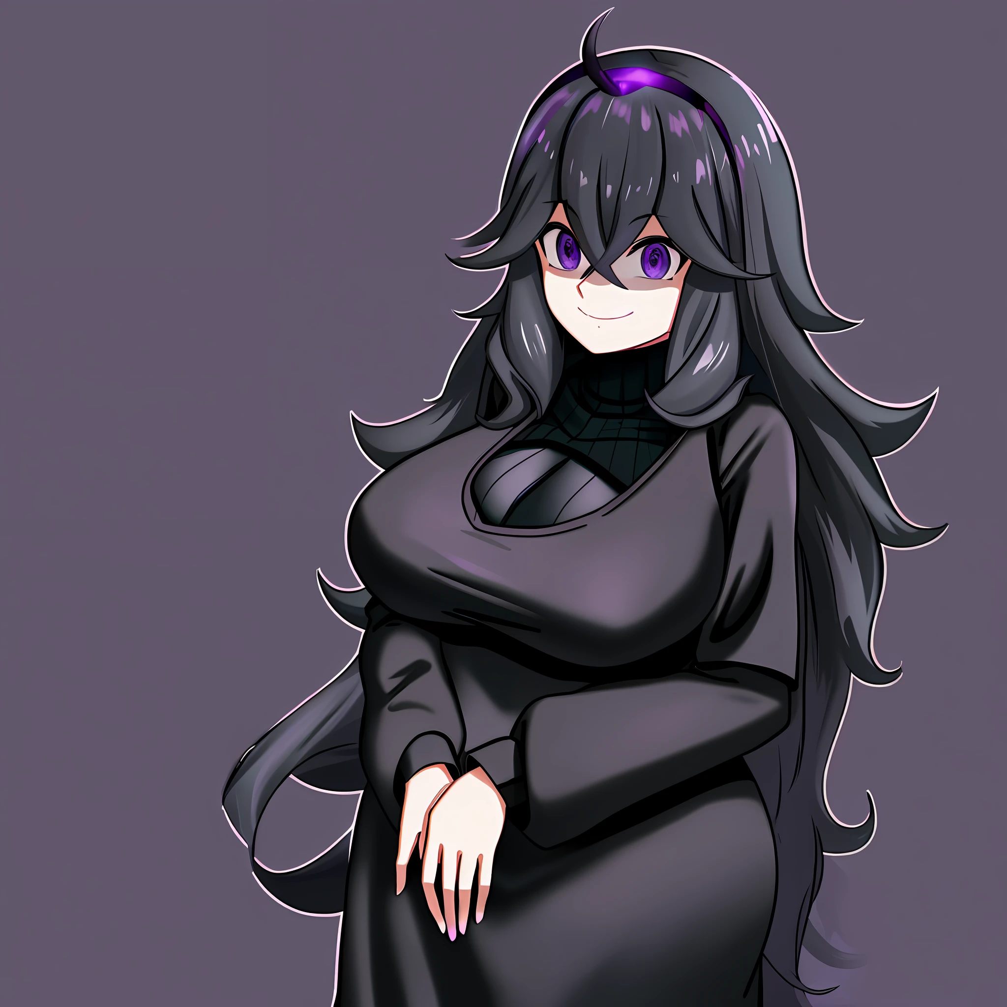 hexmaniacms, hex_maniac_\(pokemon\), 1girl, solo, standing, (huge breasts), long sleeved turtleneck sweater dress, purple clothes, taut_dress, embarrassed, smile, purple_eyes, shiny_skin, cowboy_shot, dark forest, night, crazy_eyes, (shaded_face:1.3), clothing_cutout, ((cleavage)), (plump), white_background,
