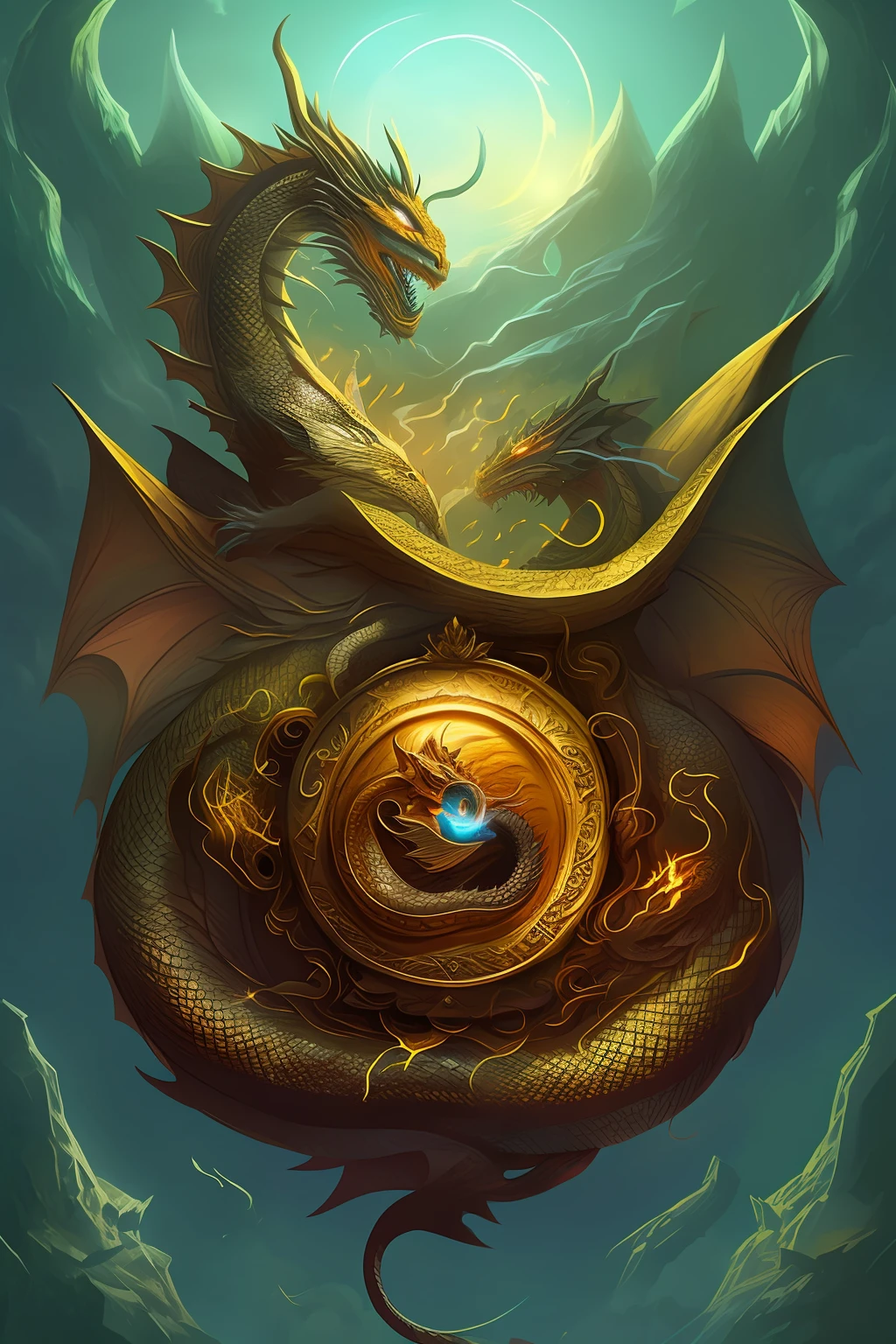 sleeping dragon curled around treasure, one eye open, smoke coming from dragon nose, fantasy