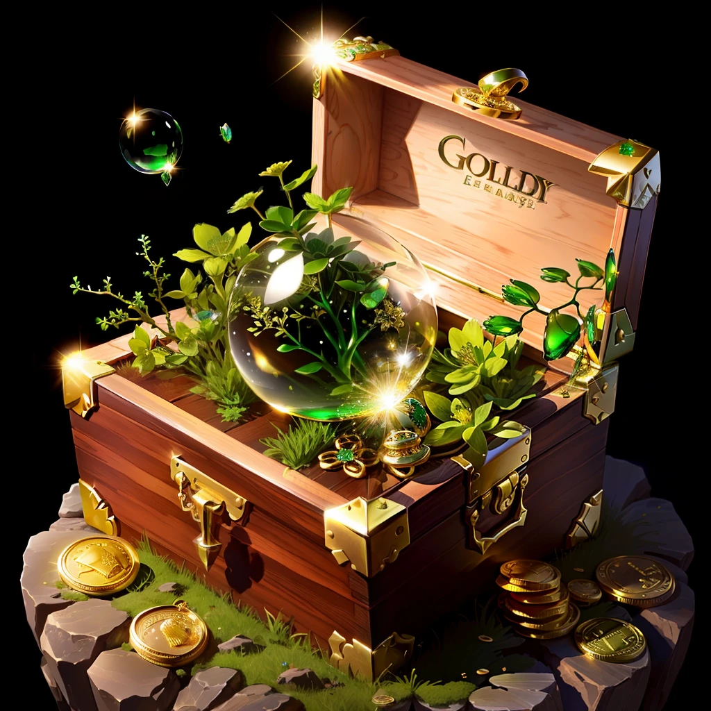 emeralds floating in soap bubbles, anthill, treasure chest, fantasy, jewelry, golden coins